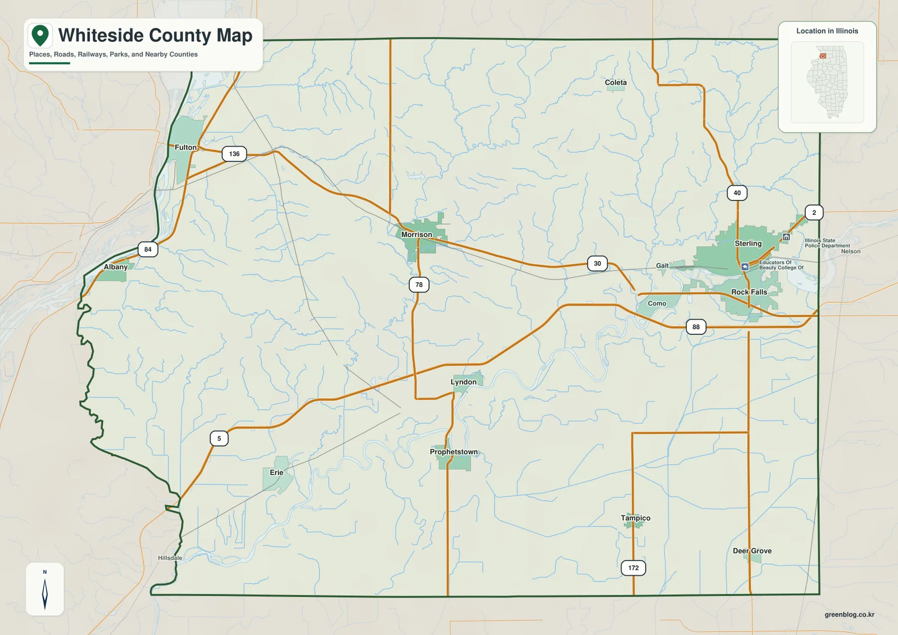 Whiteside County Illinois map with Sterling, Rock Falls, Morrison, Fulton, roads, rivers and county boundary