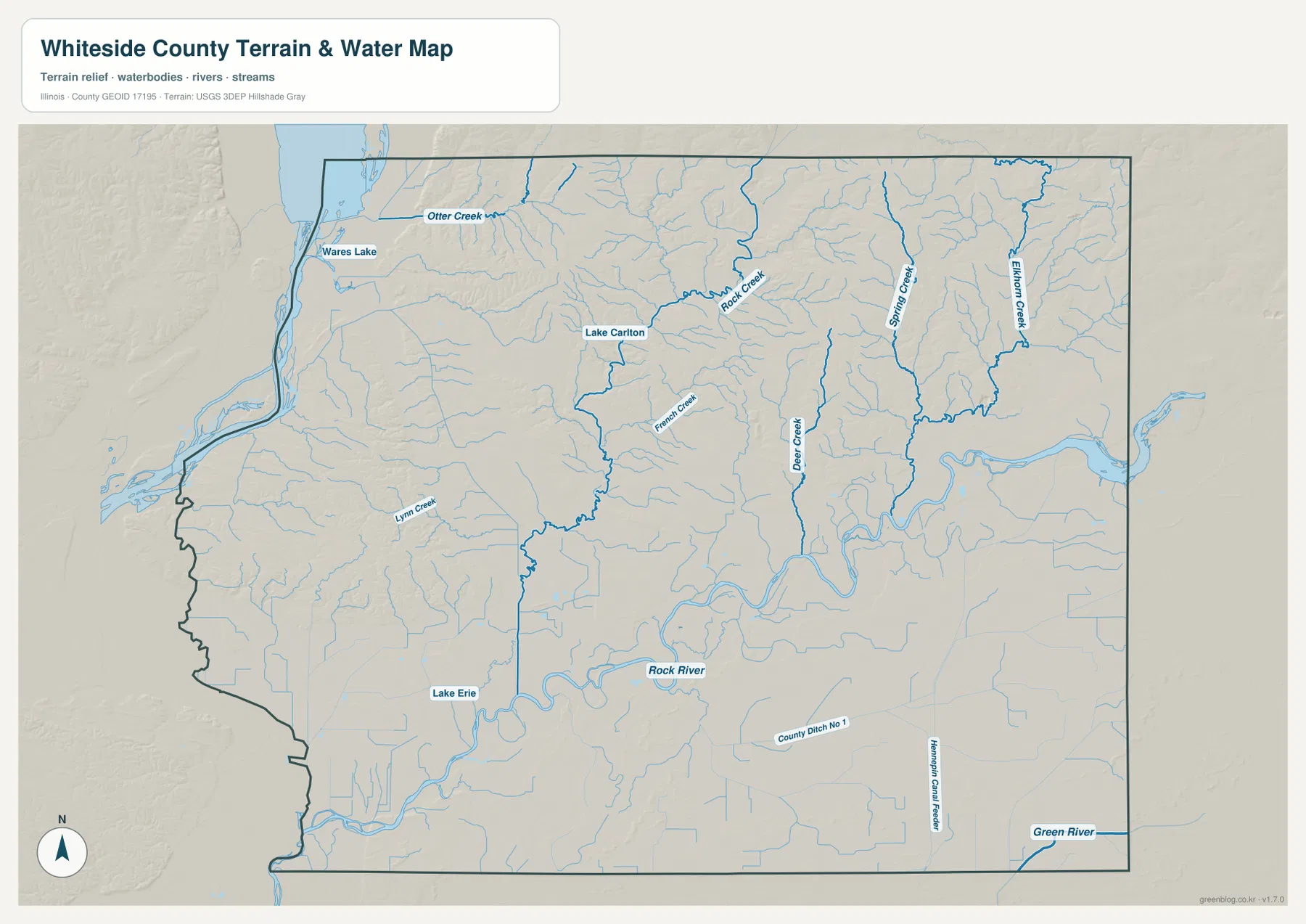 Whiteside County terrain and water map with Rock River, Lake Carlton, Rock Creek, Spring Creek and Green River
