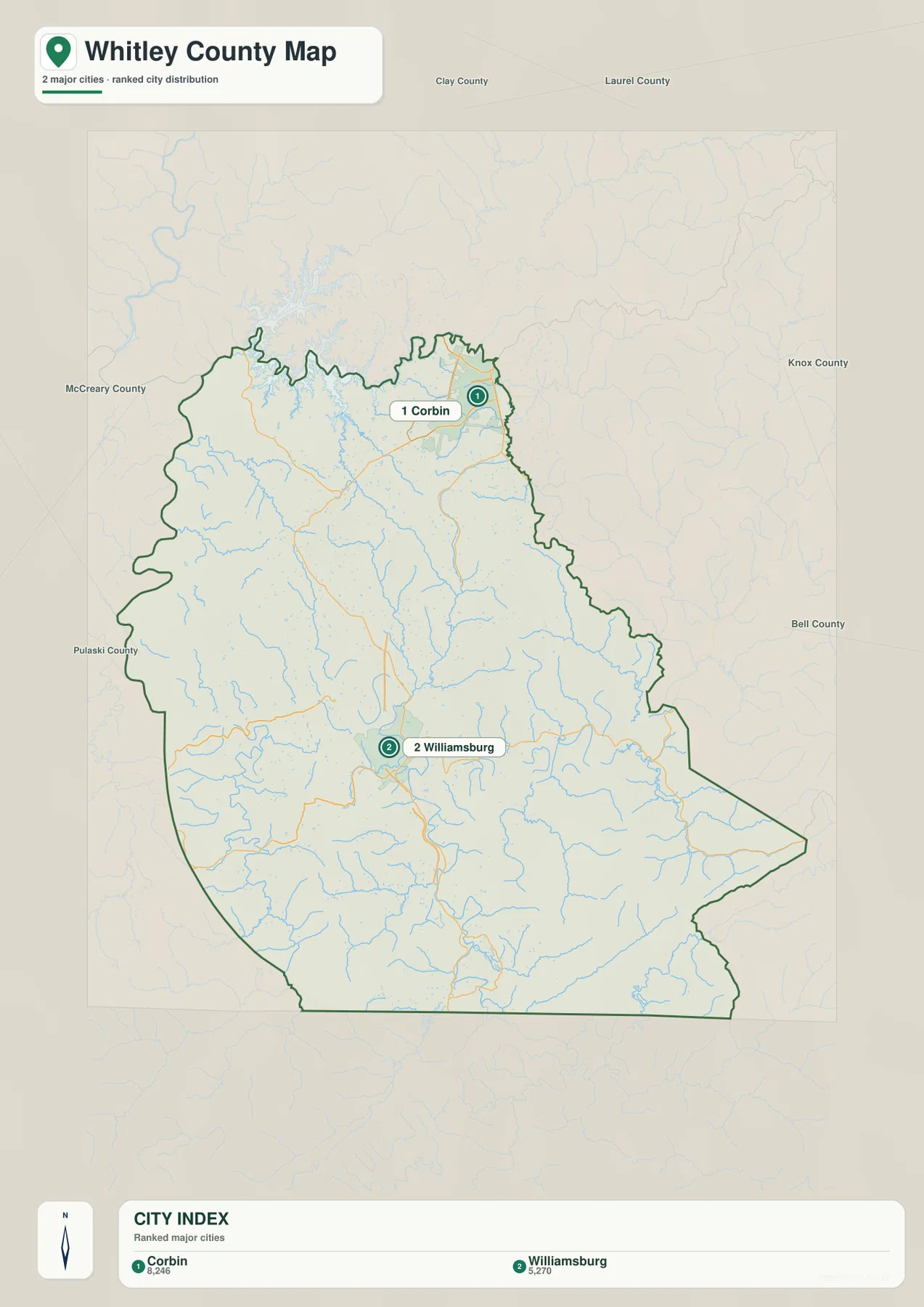 Whitley County city distribution map highlighting Corbin and Williamsburg with Clay, Laurel, Knox, Bell, McCreary, and Pulaski Counties around the boundary