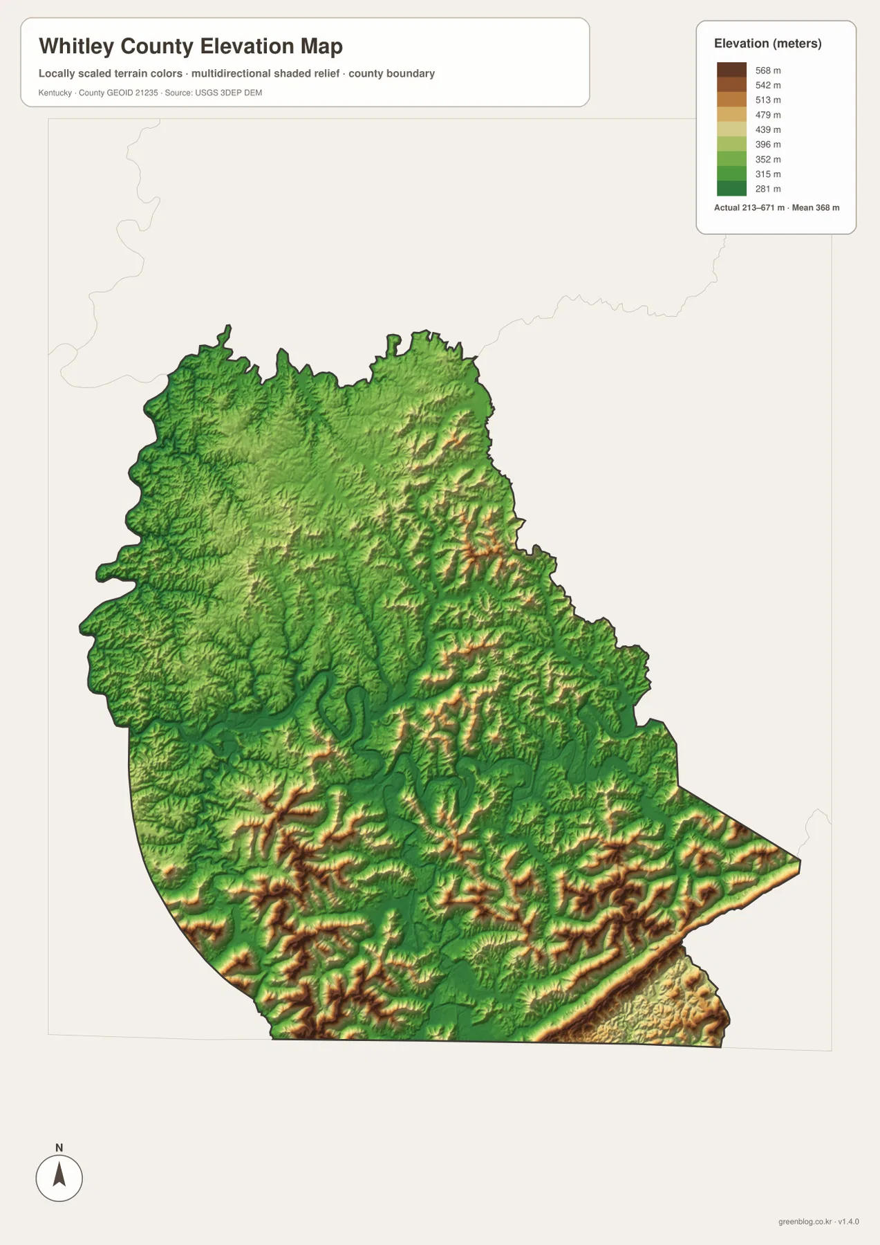 Whitley County elevation map showing an actual range of about 213 to 671 meters and a mean near 368 meters