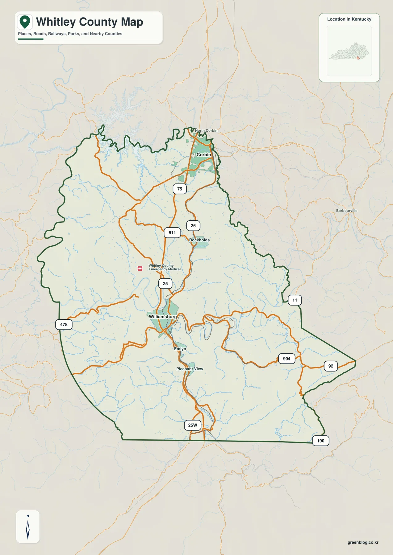 Whitley County Kentucky road map showing Corbin, North Corbin, Rockholds, Williamsburg, Emlyn, Pleasant View, I-75, US 25W, KY 26, KY 92, KY 11, KY 190, KY 478, and KY 904