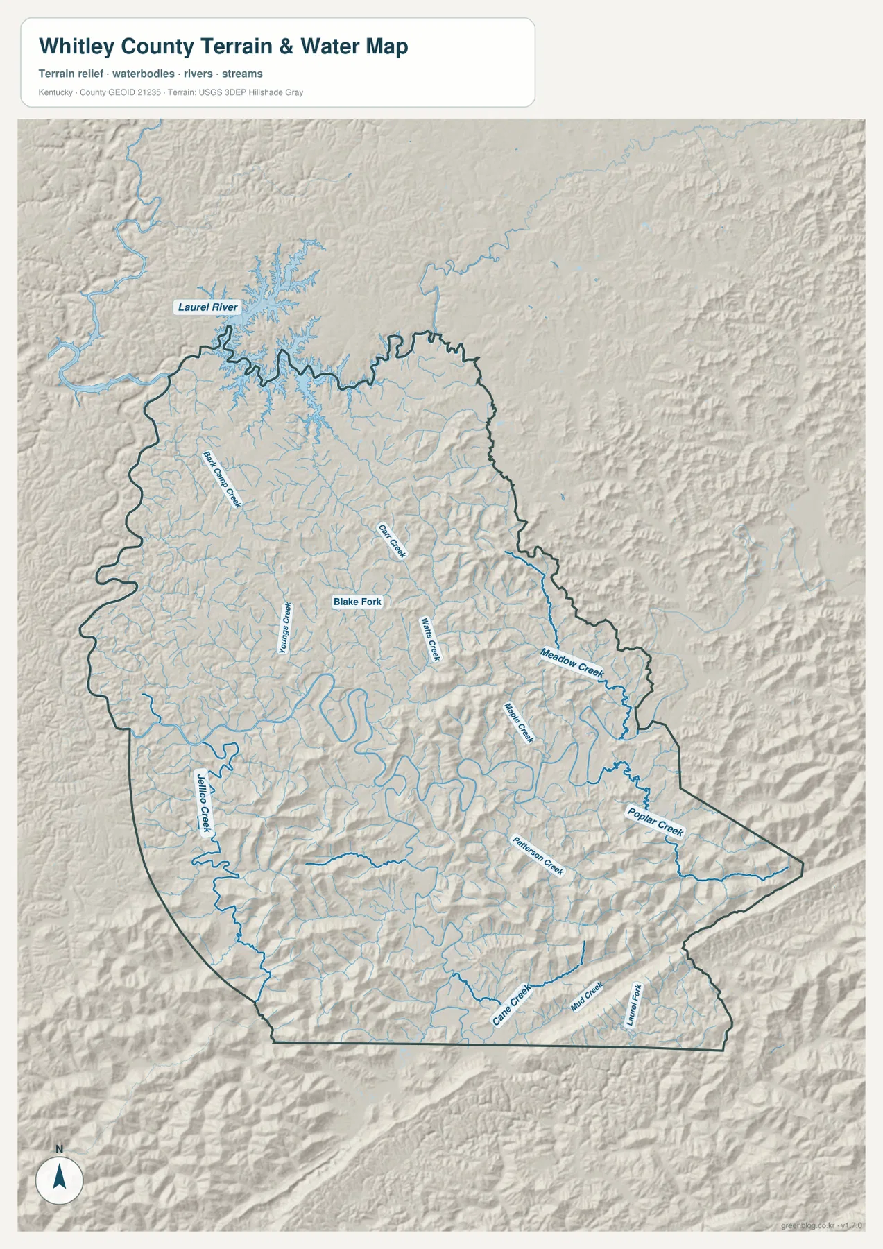Whitley County terrain and water map showing Laurel River, Bark Camp Creek, Youngs Creek, Carr Creek, Blake Fork, Watts Creek, Meadow Creek, Maple Creek, Poplar Creek, Patterson Creek, Jellico Creek, Cane Creek, Mud Creek, and Laurel Fork