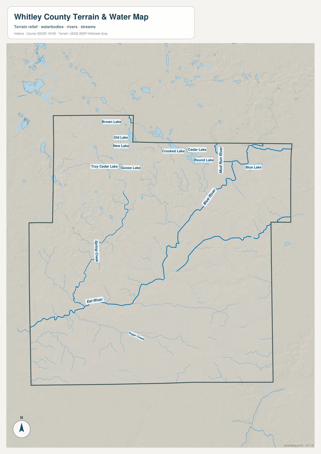 Eel River, Blue River와 Whitley County 북부의 여러 호수를 보여 주는 수역 및 지형 지도
