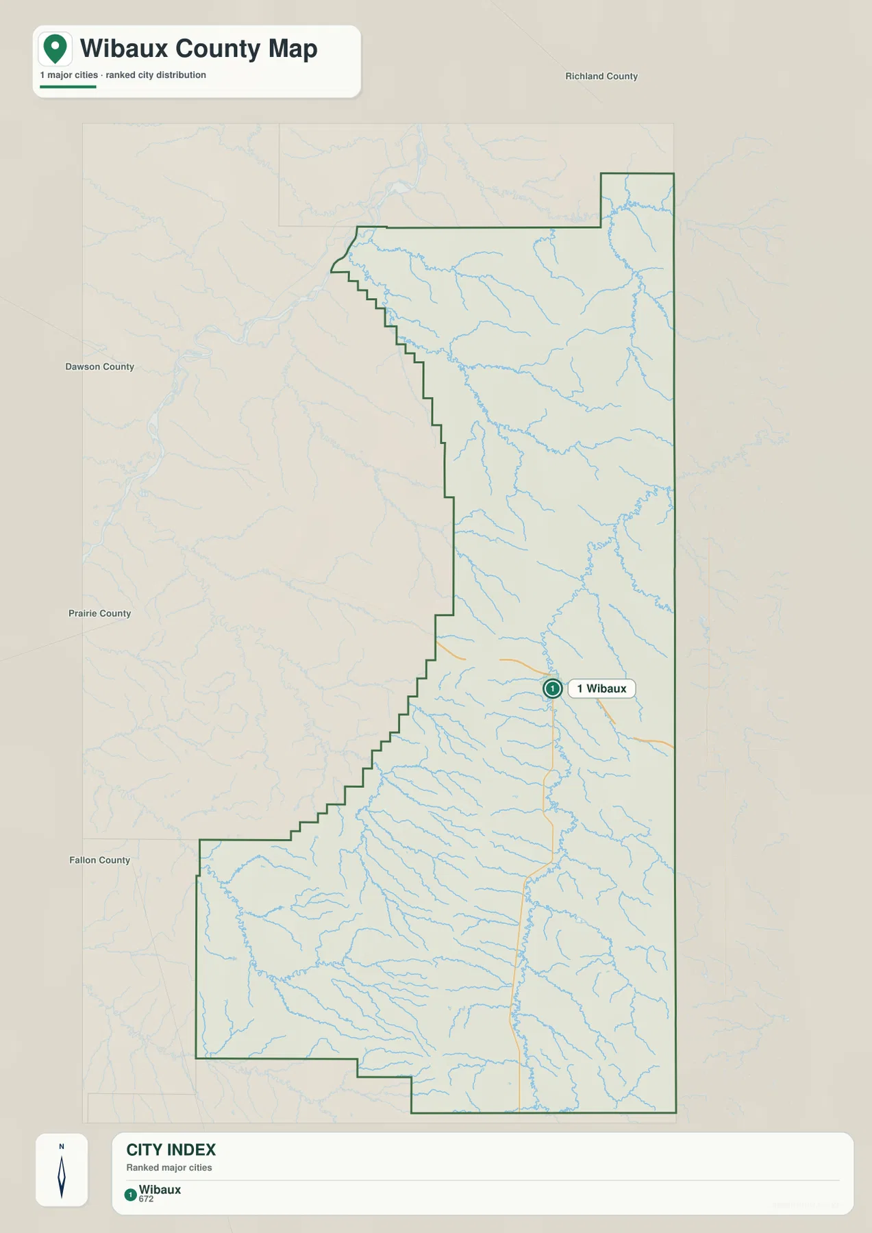 Wibaux County city distribution map highlighting Wibaux as the single ranked major city