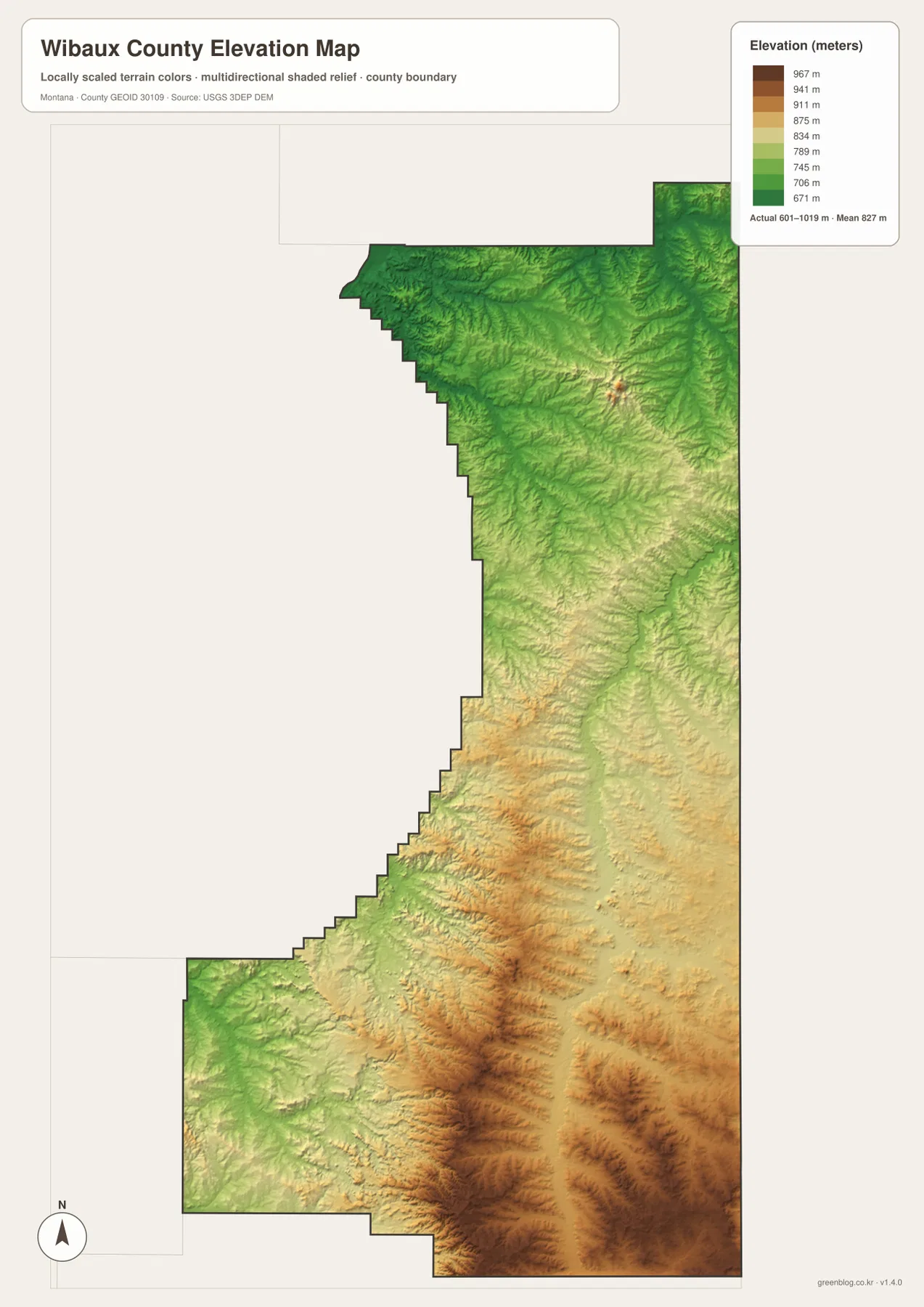 Wibaux County elevation map showing lower northern terrain and higher southern and southeastern hills