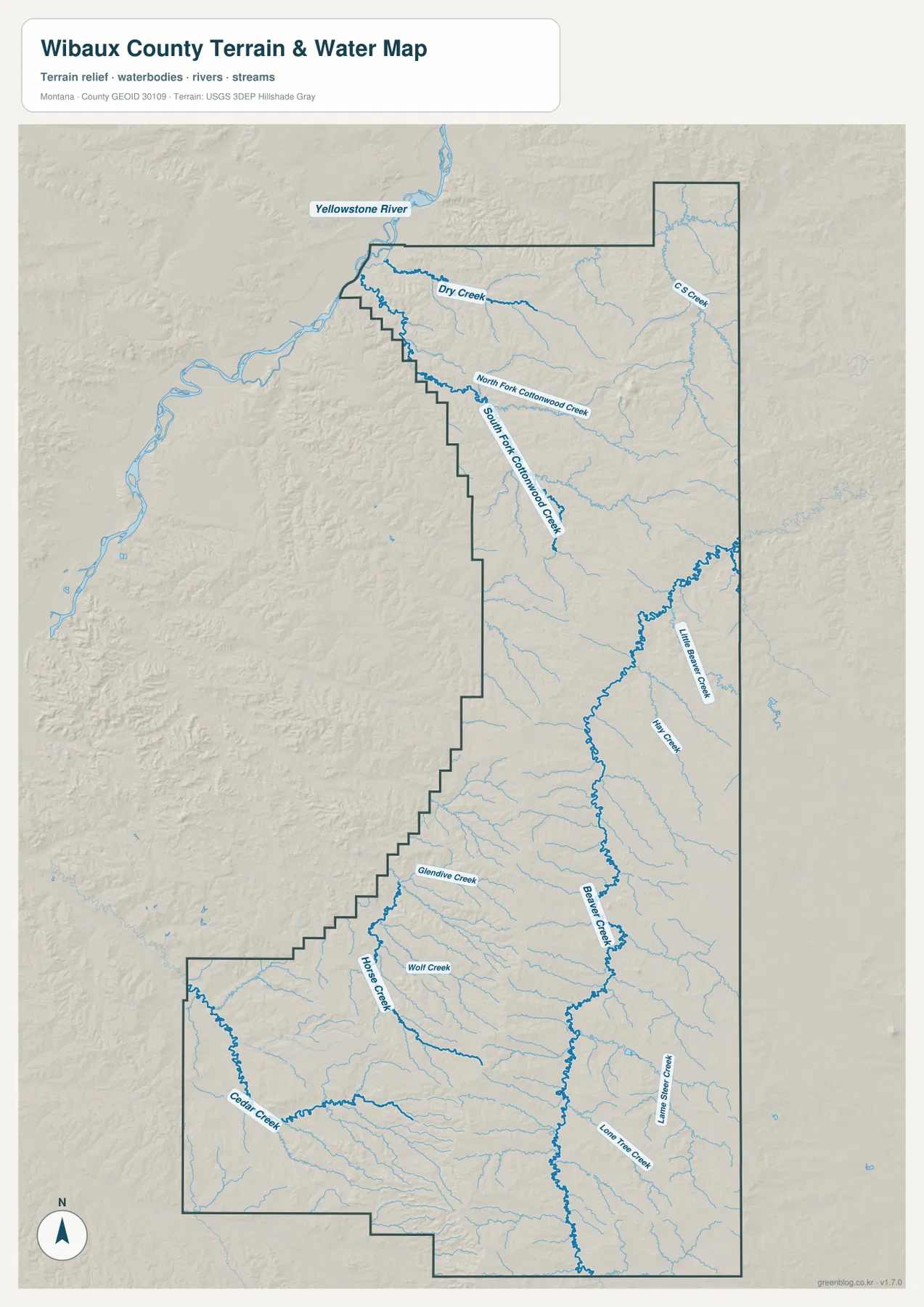 Wibaux County water map showing Beaver Creek, Cottonwood Creek branches, Cedar Creek, and the Yellowstone River edge