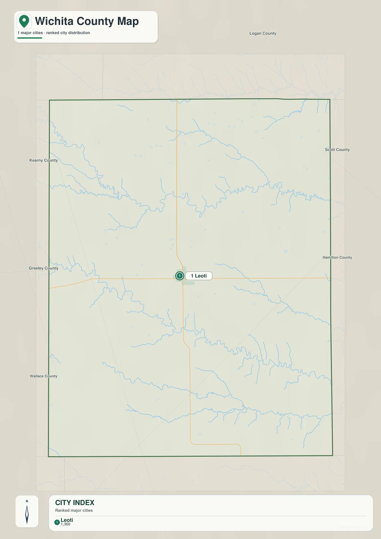 Wichita County Kansas city map showing Leoti as the ranked city