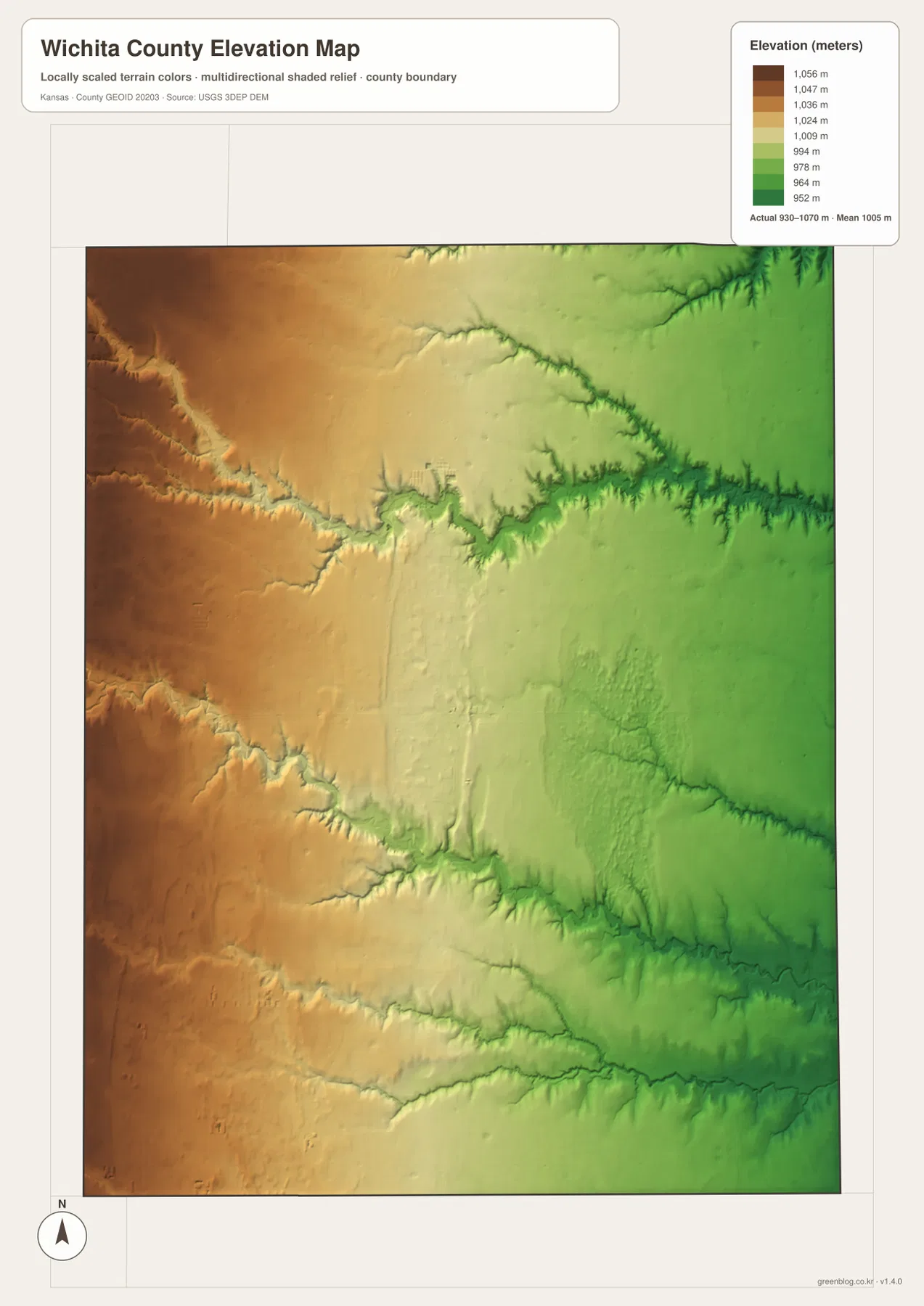 Wichita County Kansas elevation map showing 930 to 1,070 meter relief, higher western High Plains and lower eastern creek valleys