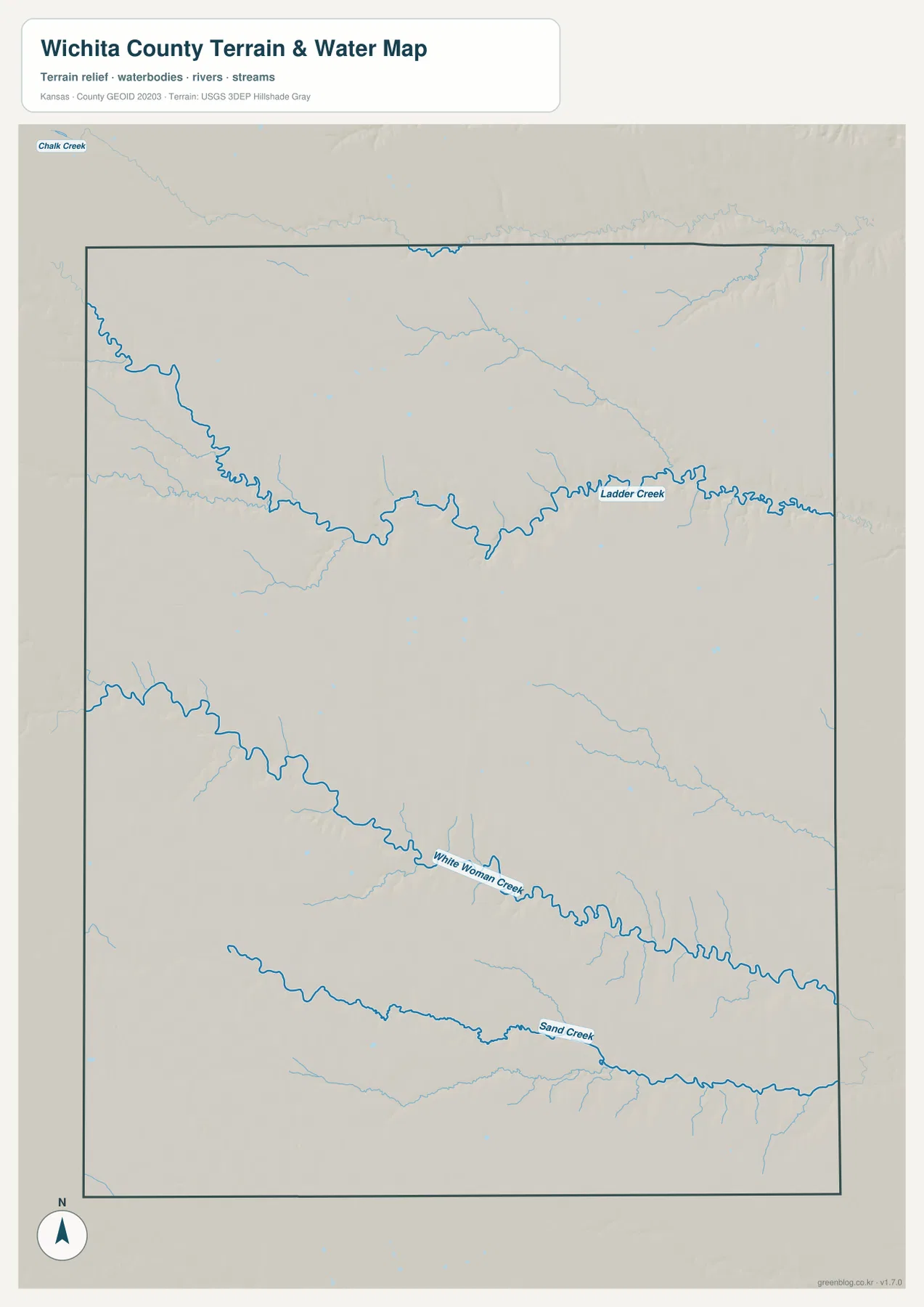위치타 카운티 Ladder Creek, White Woman Creek, Sand Creek 수역 지도