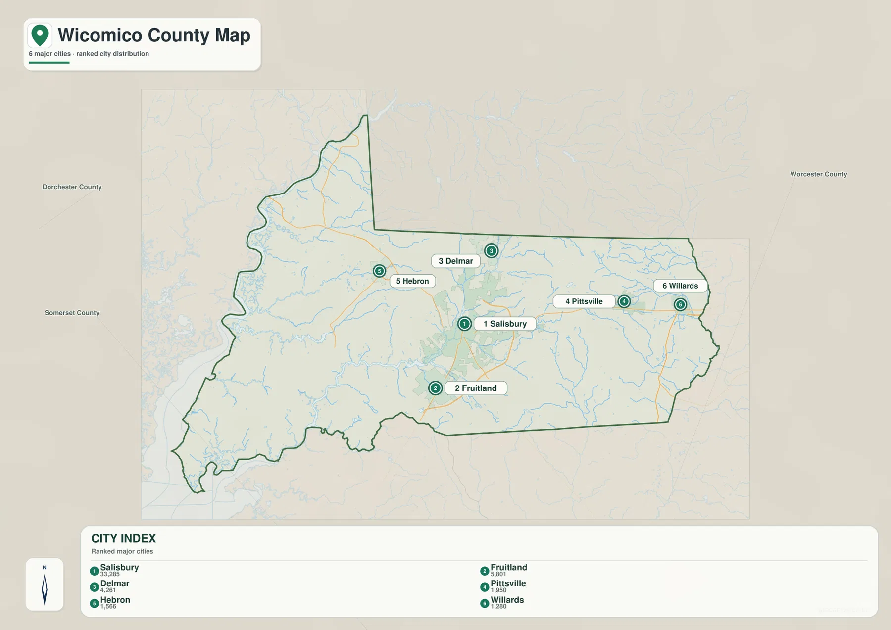 Salisbury, Fruitland, Delmar, Hebron, Pittsville, Willards의 위치를 표시한 위코미코 카운티 도시 지도