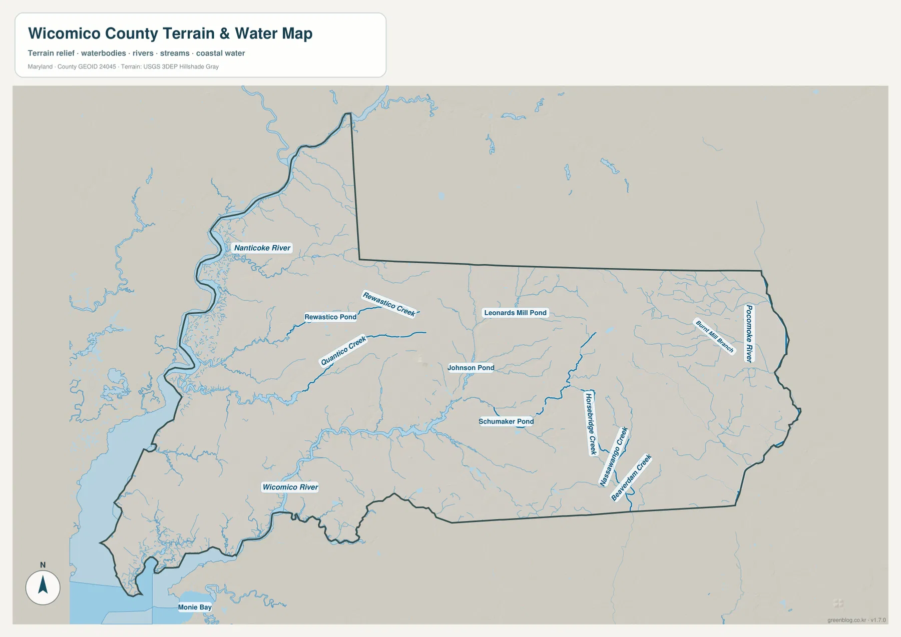 Nanticoke River, Wicomico River, Pocomoke River와 주요 지류 및 연못을 표시한 위코미코 카운티 수역 지도