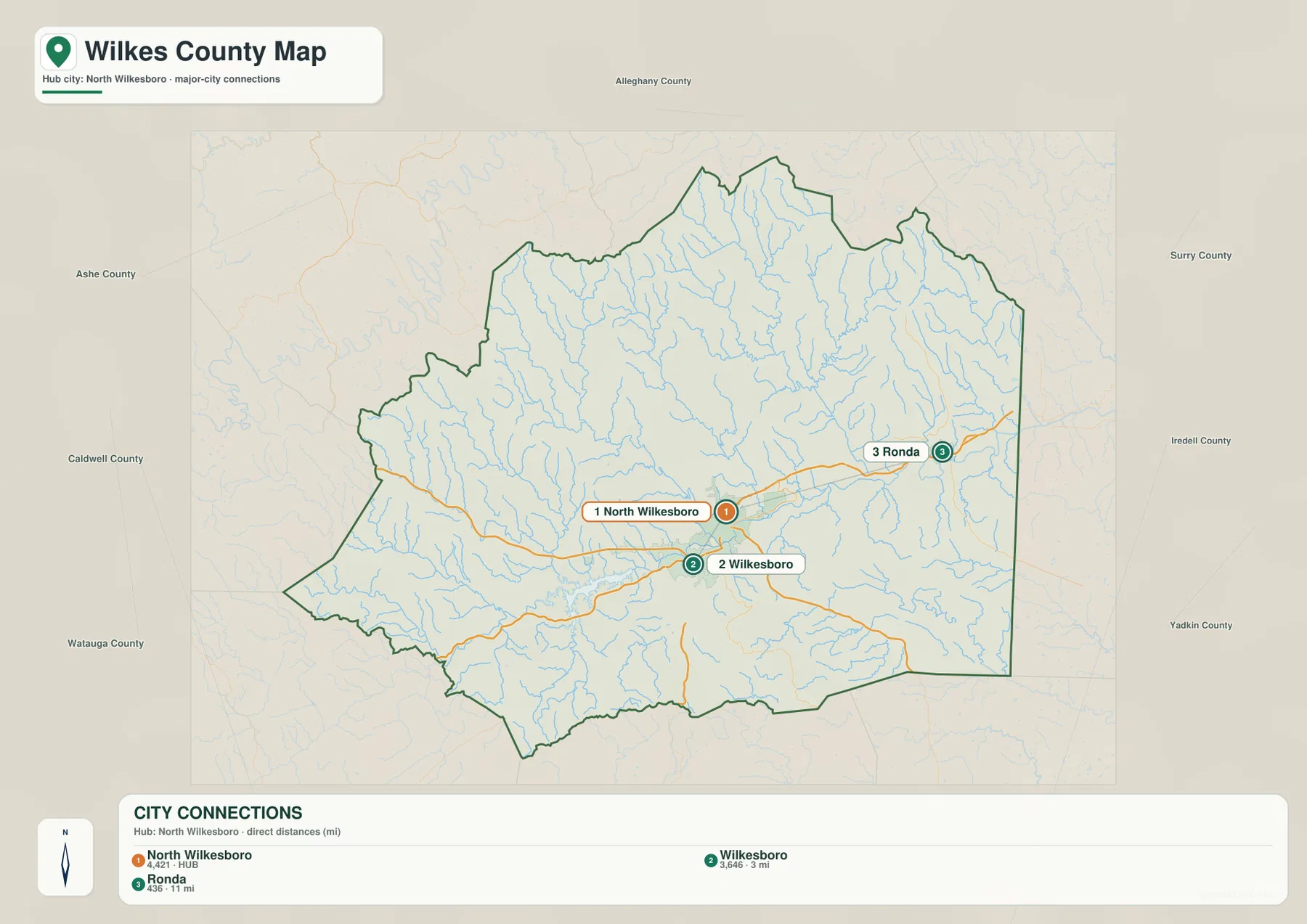 윌크스 카운티 North Wilkesboro Wilkesboro Ronda 도시 연결 직선거리 지도