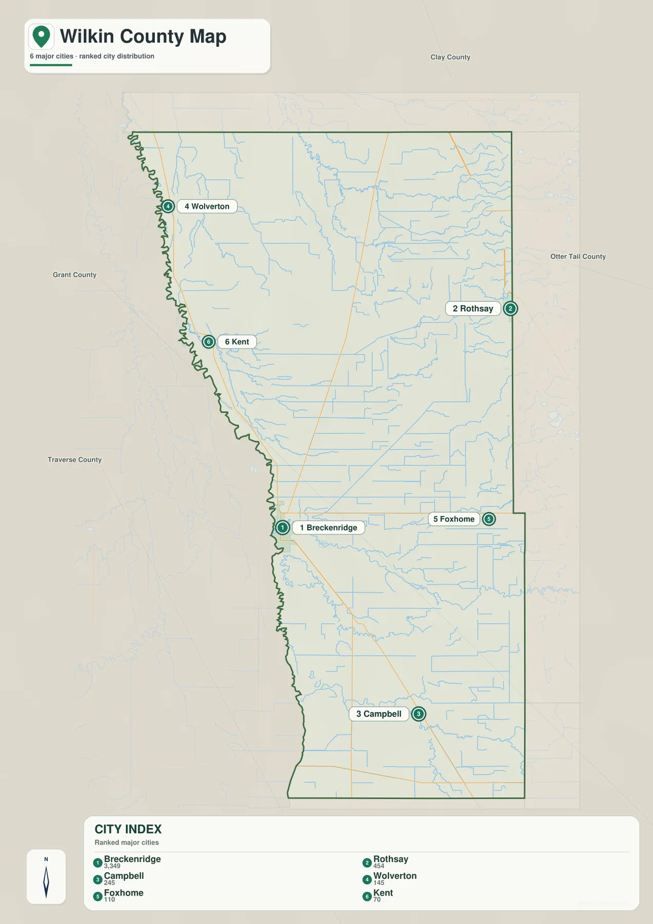 Wilkin County city map ranking Breckenridge, Rothsay, Campbell, Wolverton, Foxhome and Kent