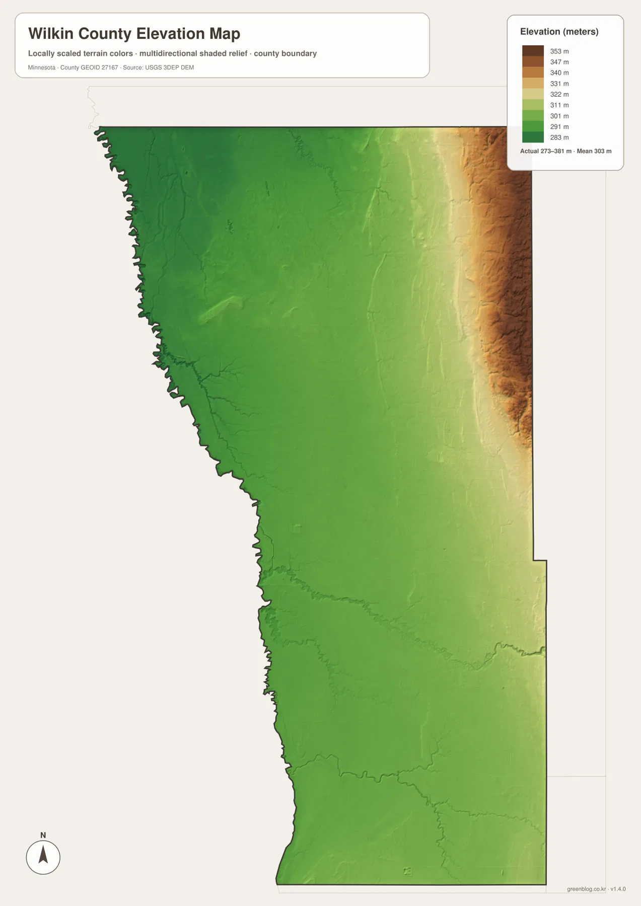 Wilkin County elevation map showing a 273 to 381 meter range, low Red River plain and higher eastern terrain