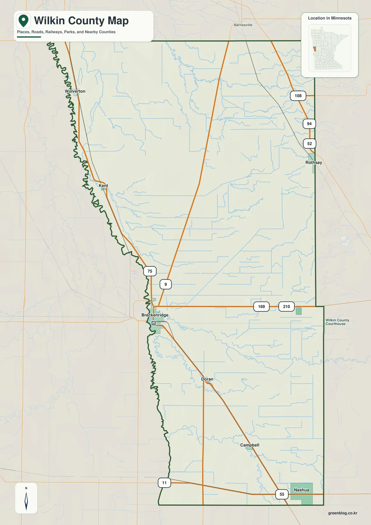 Wilkin County Minnesota map showing Breckenridge, Rothsay, Wolverton, Kent, Campbell, U.S. 75 and Minnesota 9