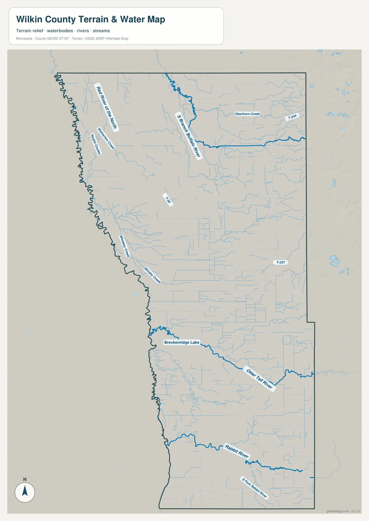 Wilkin County water map showing Red River of the North, Otter Tail River, South Branch Buffalo River, Rabbit River and Breckenridge Lake