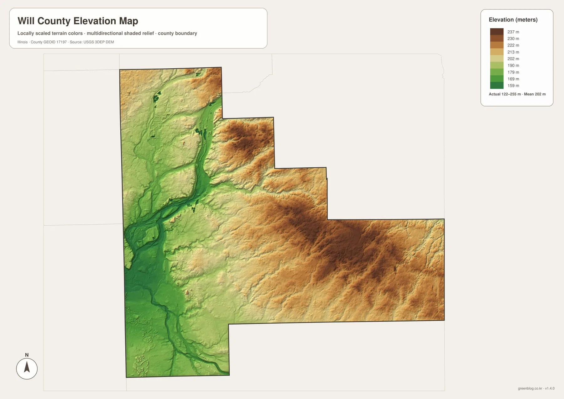 Will County elevation map showing 122 to 255 meter river lowlands and higher eastern terrain