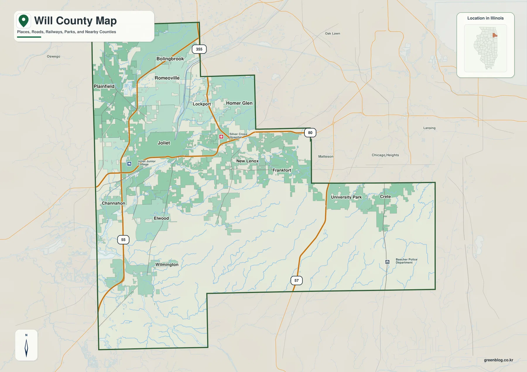 Will County Illinois map with Joliet, Bolingbrook, Plainfield, major highways, and county boundary