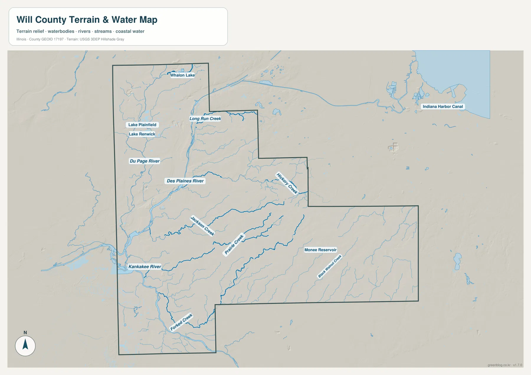 Will County waterways map with Des Plaines River, Du Page River, Kankakee River, Hickory Creek, and Monee Reservoir