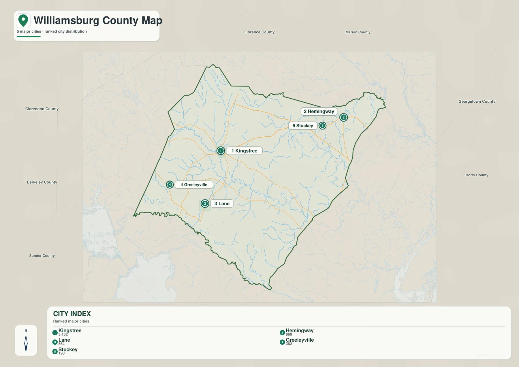 Williamsburg County city distribution map with Kingstree, Hemingway, Lane, Greeleyville and Stuckey