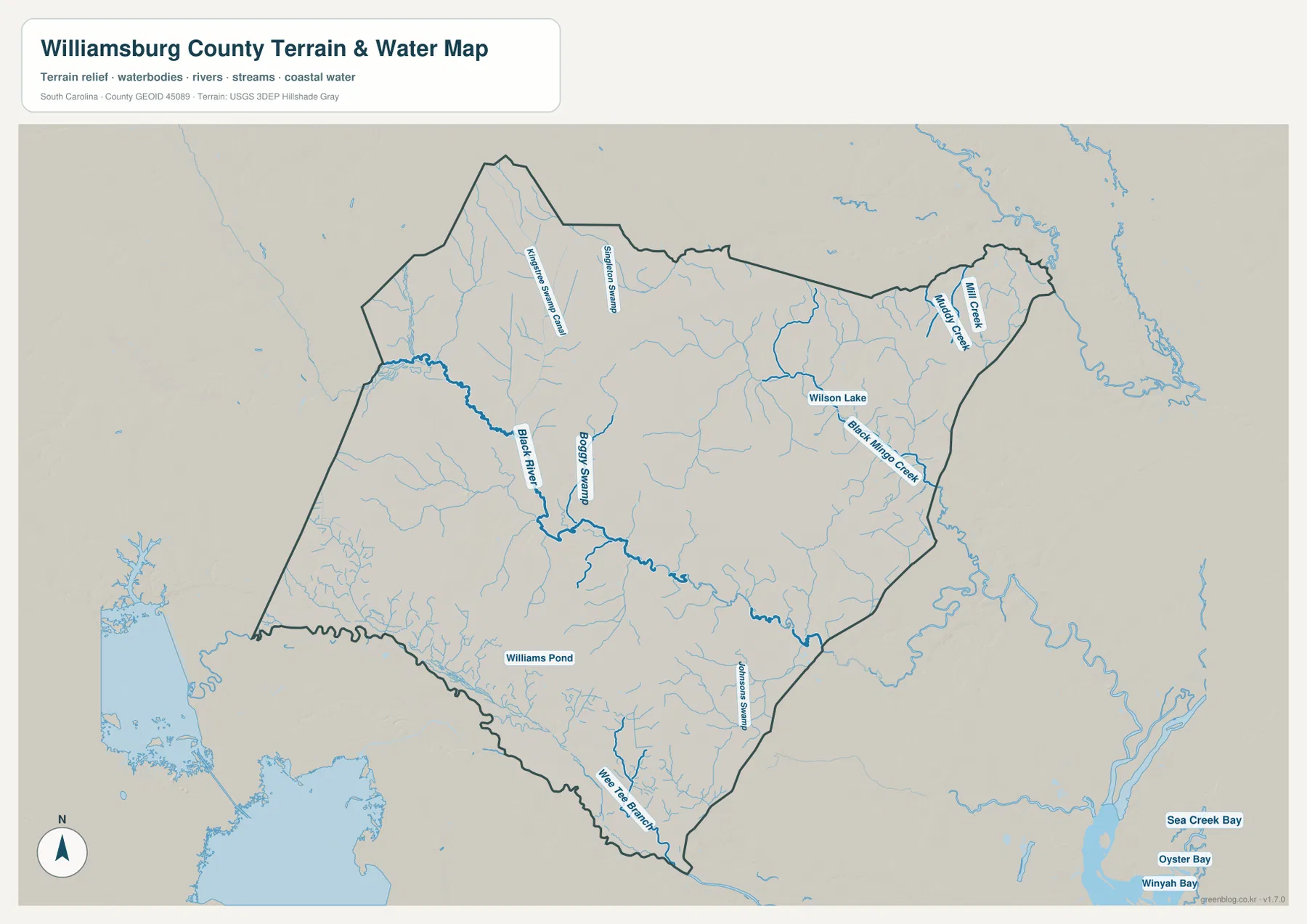 Williamsburg County terrain and water map with Black River, Boggy Swamp, Wilson Lake, Black Mingo Creek and wetland channels