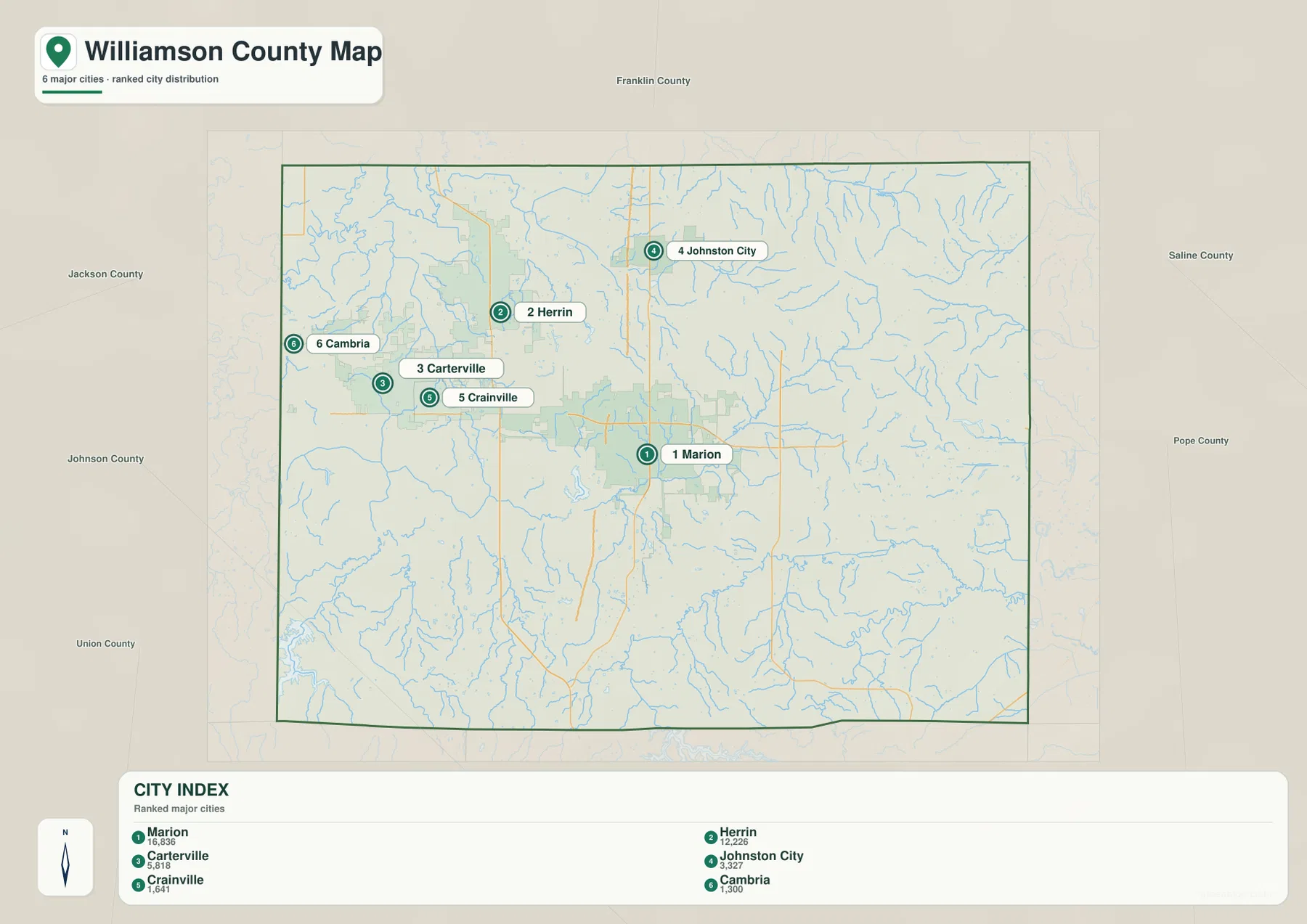 Williamson County city map showing Marion, Herrin, Carterville, Johnston City, Crainville, and Cambria