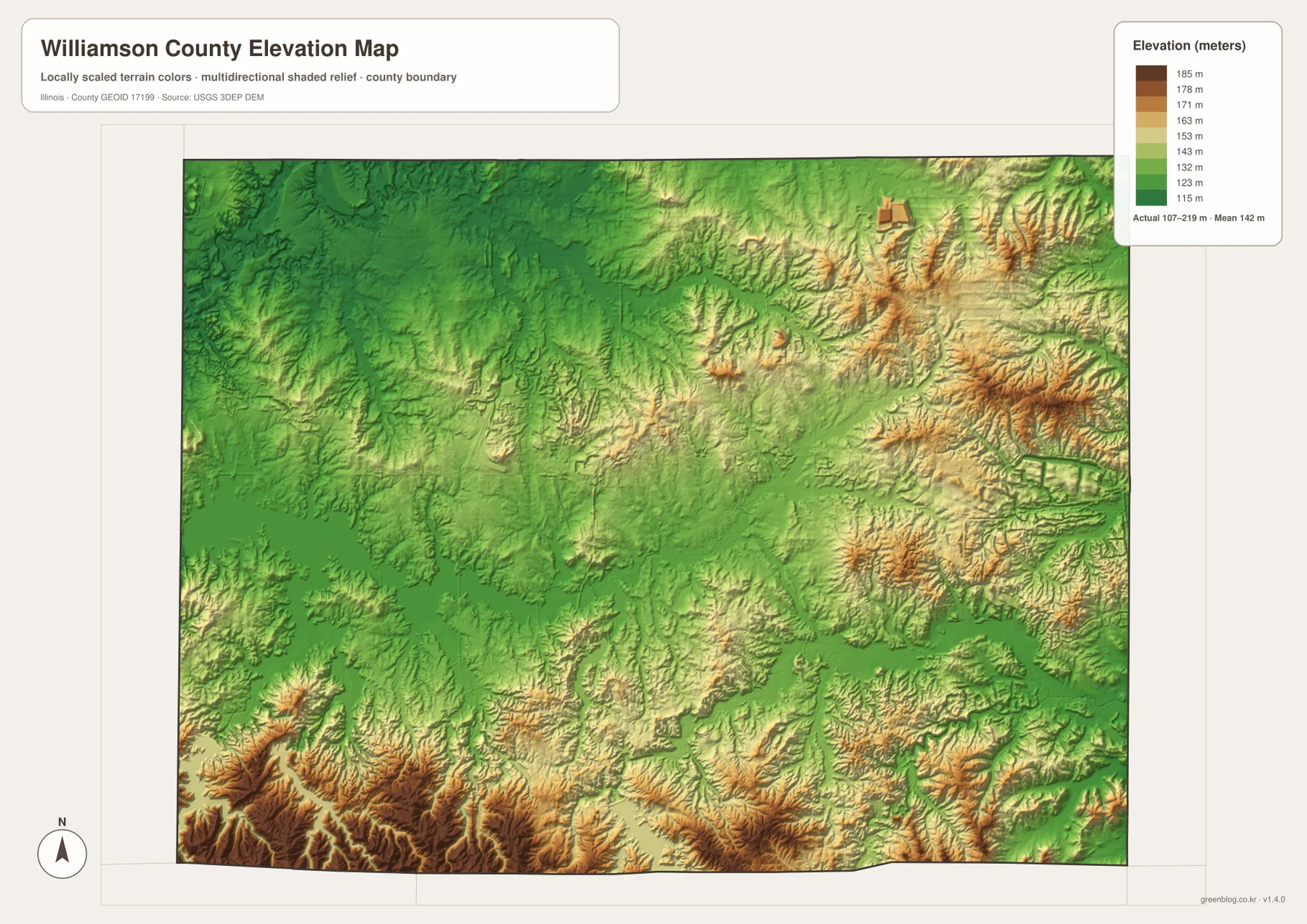 Williamson County elevation map showing 107 to 219 meter relief and higher southern and eastern ridges