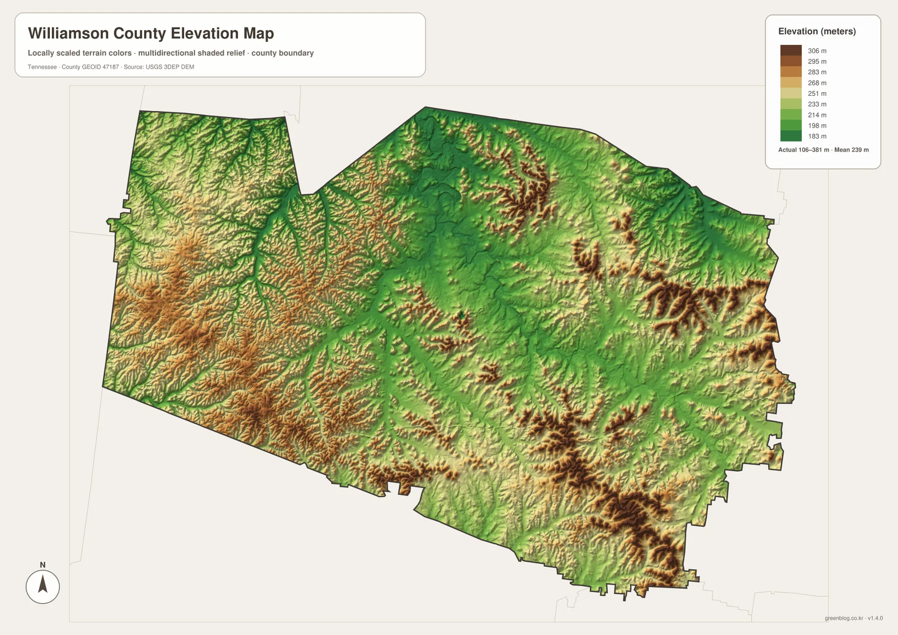 Williamson County Tennessee elevation map showing lower Franklin valleys and higher eastern and western hills from about 106 to 381 meters
