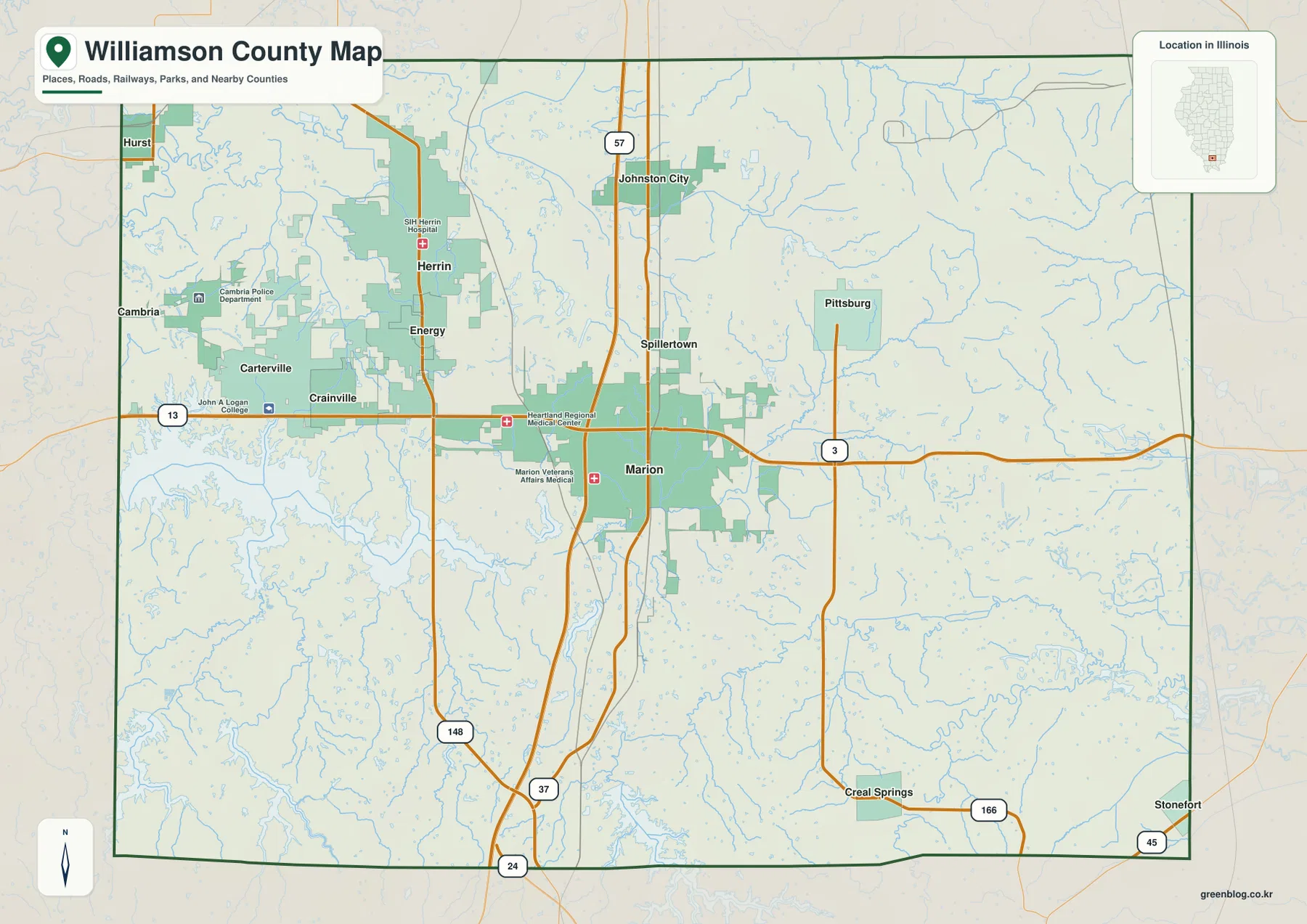 Williamson County Illinois map with Marion, Herrin, Carterville, Johnston City, and major highways