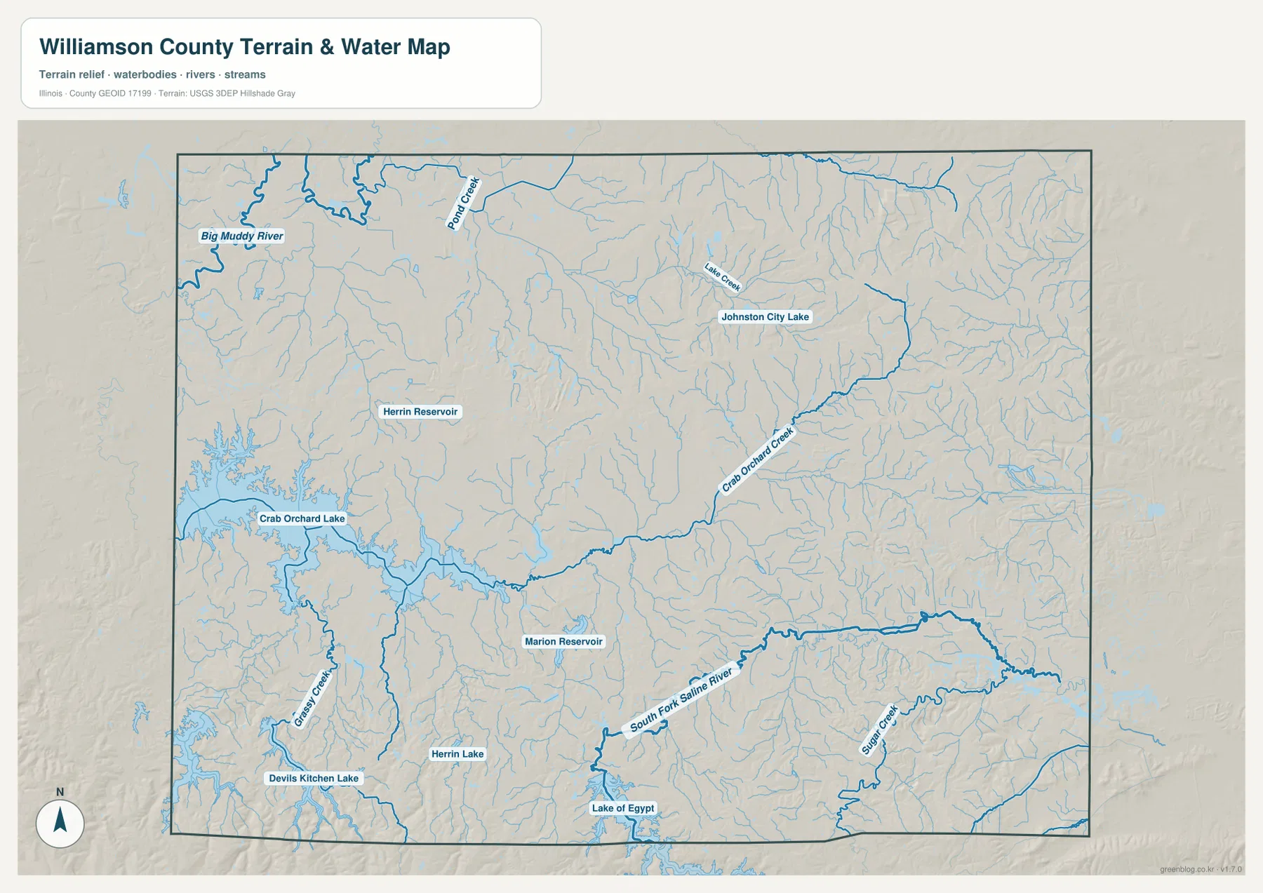 Williamson County water map with Crab Orchard Lake, Big Muddy River, South Fork Saline River, and Lake of Egypt