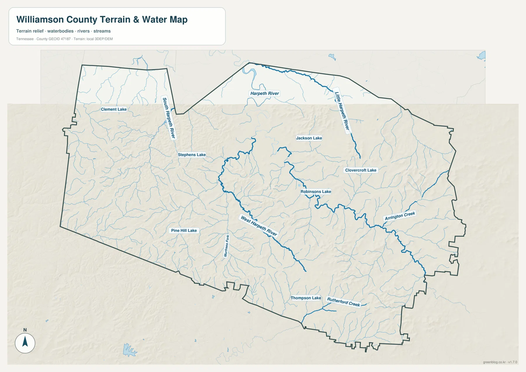 Williamson County water map showing Harpeth River, Little Harpeth River, West Harpeth River, South Harpeth River, and tributaries