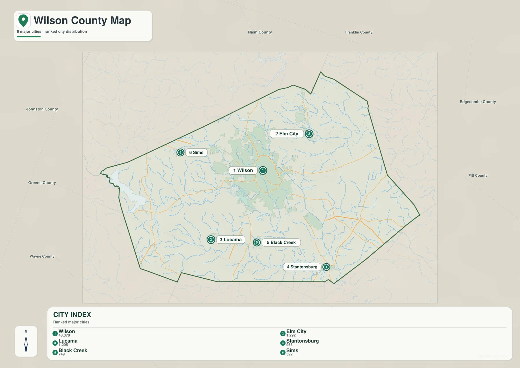 Wilson County city distribution map showing Wilson Elm City Lucama Stantonsburg Black Creek and Sims