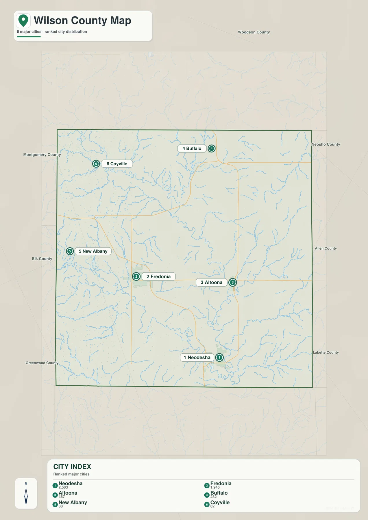 Wilson County Kansas city map showing Neodesha, Fredonia, Altoona, Buffalo, New Albany and Coyville