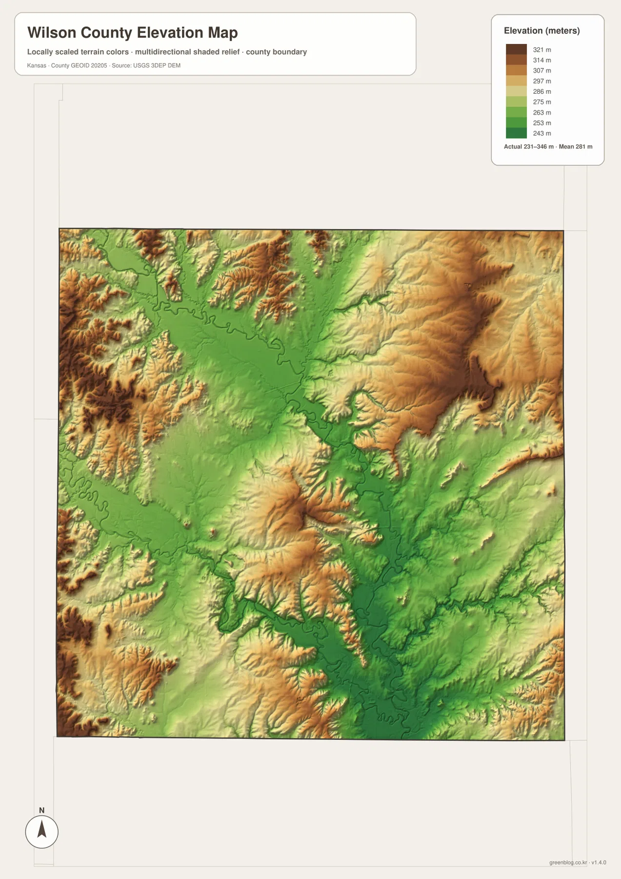 Wilson County Kansas elevation map showing 231 to 346 meter relief, Verdigris River lowlands and higher Chautauqua Hills ridges