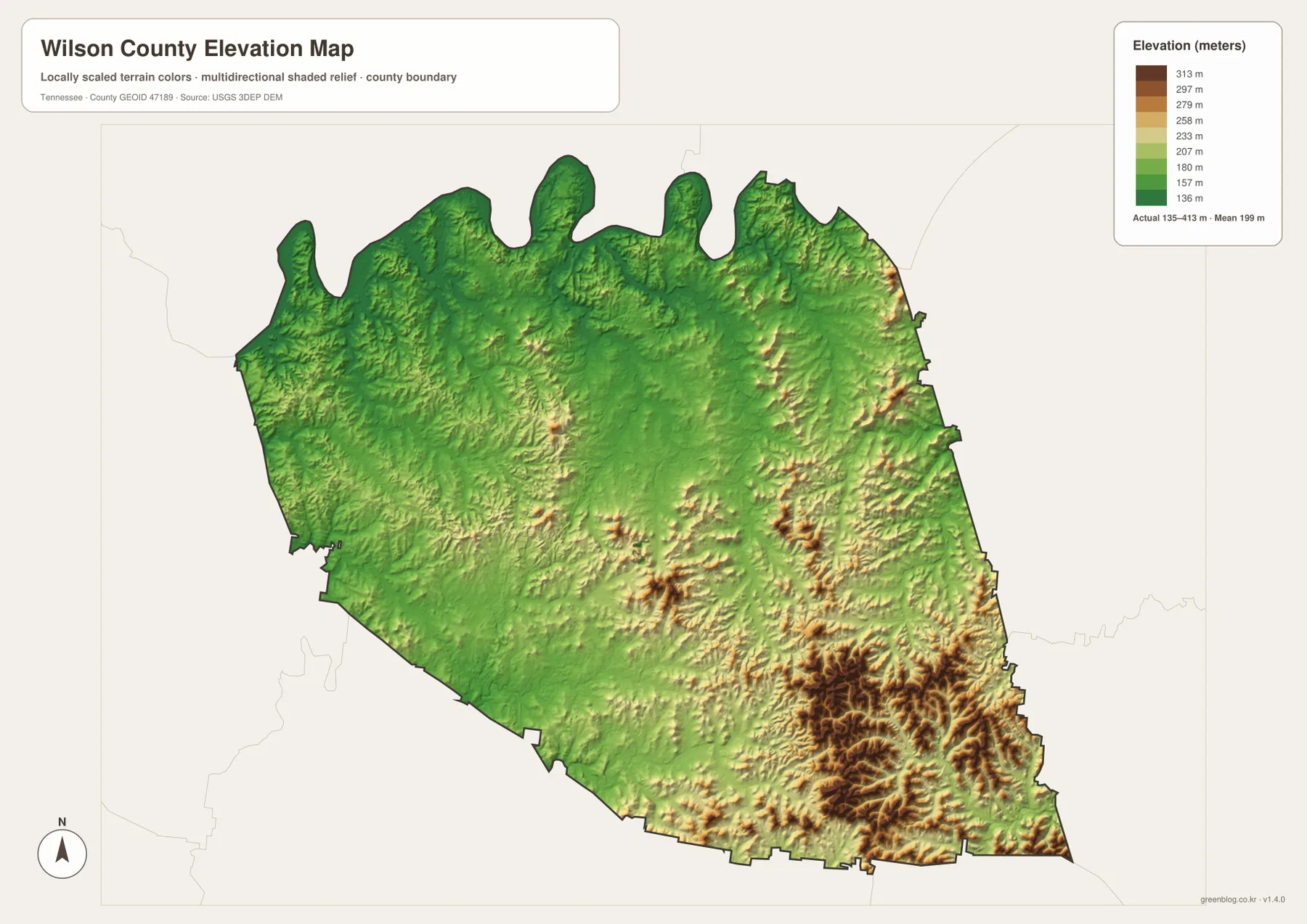 Wilson County Tennessee elevation map showing low Mount Juliet and Lebanon terrain and higher southeastern ridges from 135 to 413 meters