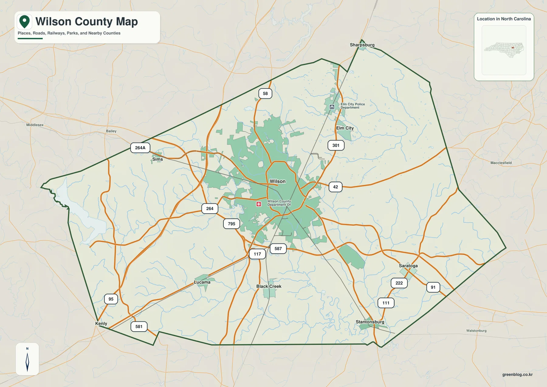 Wilson County North Carolina map showing Wilson Elm City Lucama and major roads