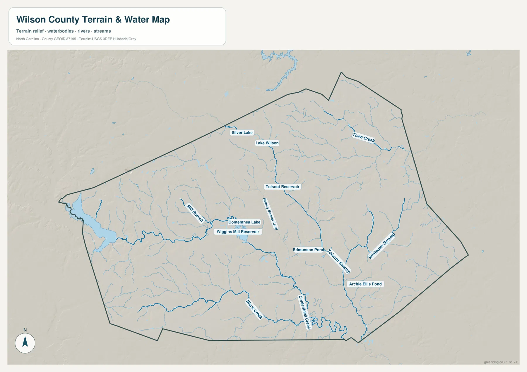 Wilson County terrain and water map showing Contentnea Creek Toisnot Reservoir Town Creek and swamps