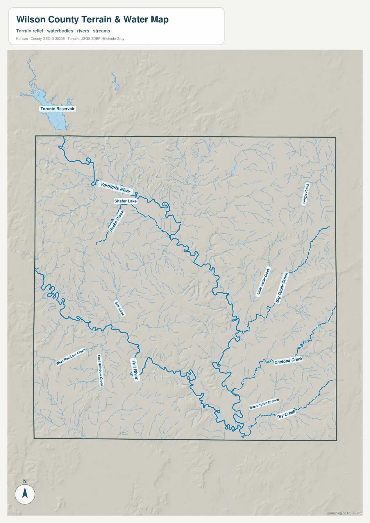 윌슨 카운티 Verdigris River, Fall River, Big Cedar Creek, Shafter Creek, Chetopa Creek 수역 지도