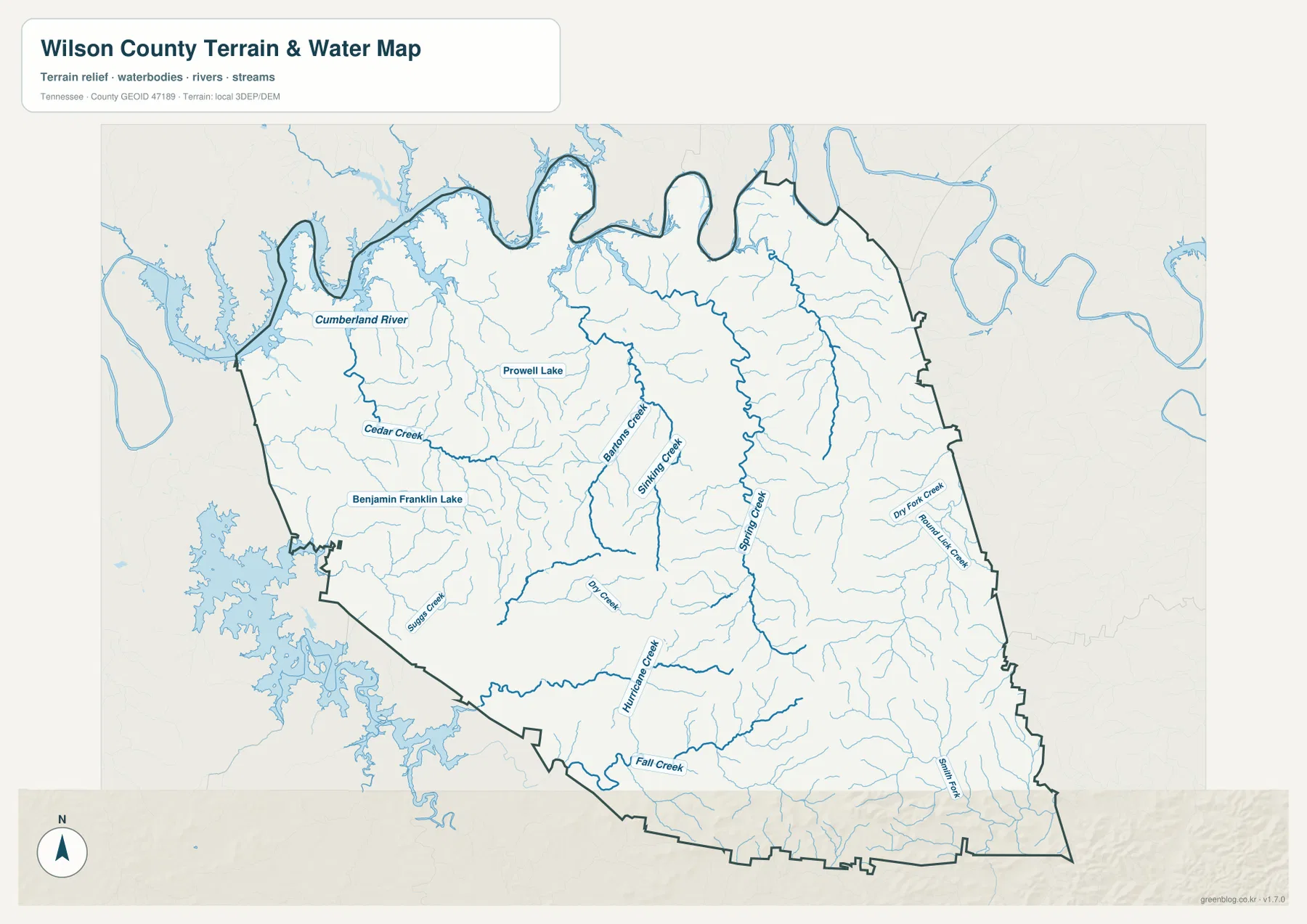 Wilson County water map showing Cumberland River, Cedar Creek, Bartons Creek, Spring Creek, Hurricane Creek, and other tributaries