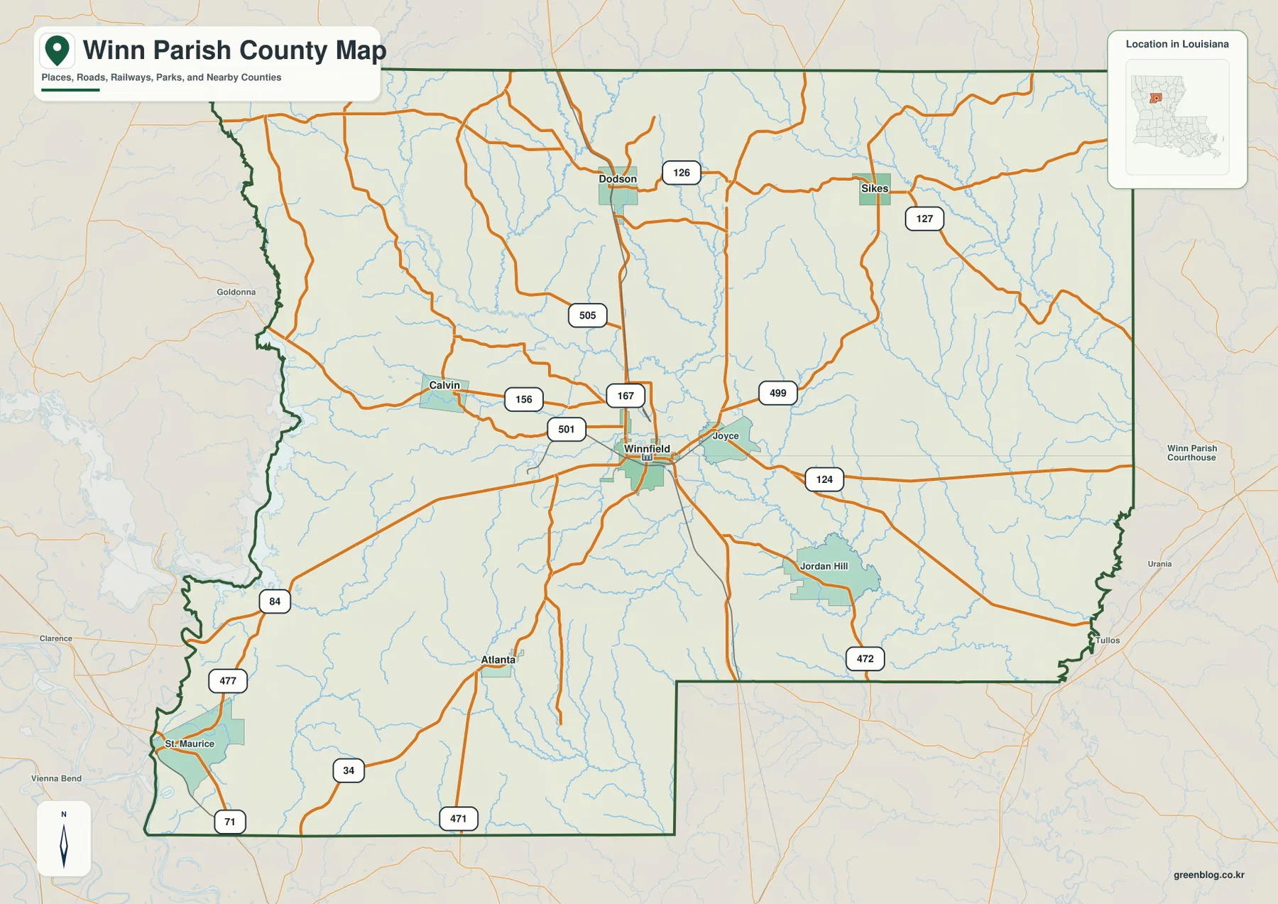 Winn Parish county map showing Winnfield, Dodson, Sikes, Calvin, Atlanta, major roads, parish boundaries, and nearby communities