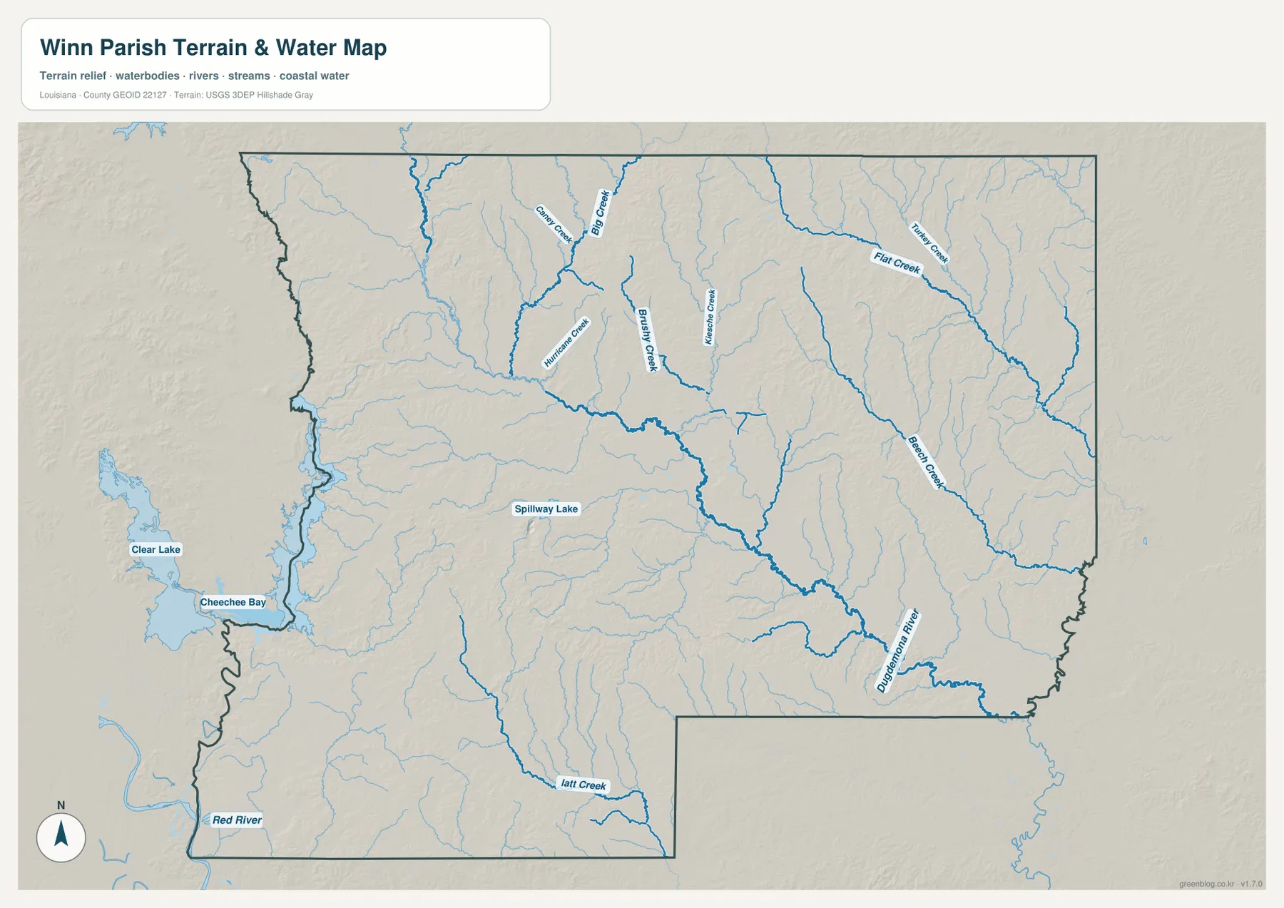 Winn Parish terrain and water map showing the Dugdemona River, Big Creek, Hurricane Creek, Flat Creek, Beech Creek, lakes, and shaded relief