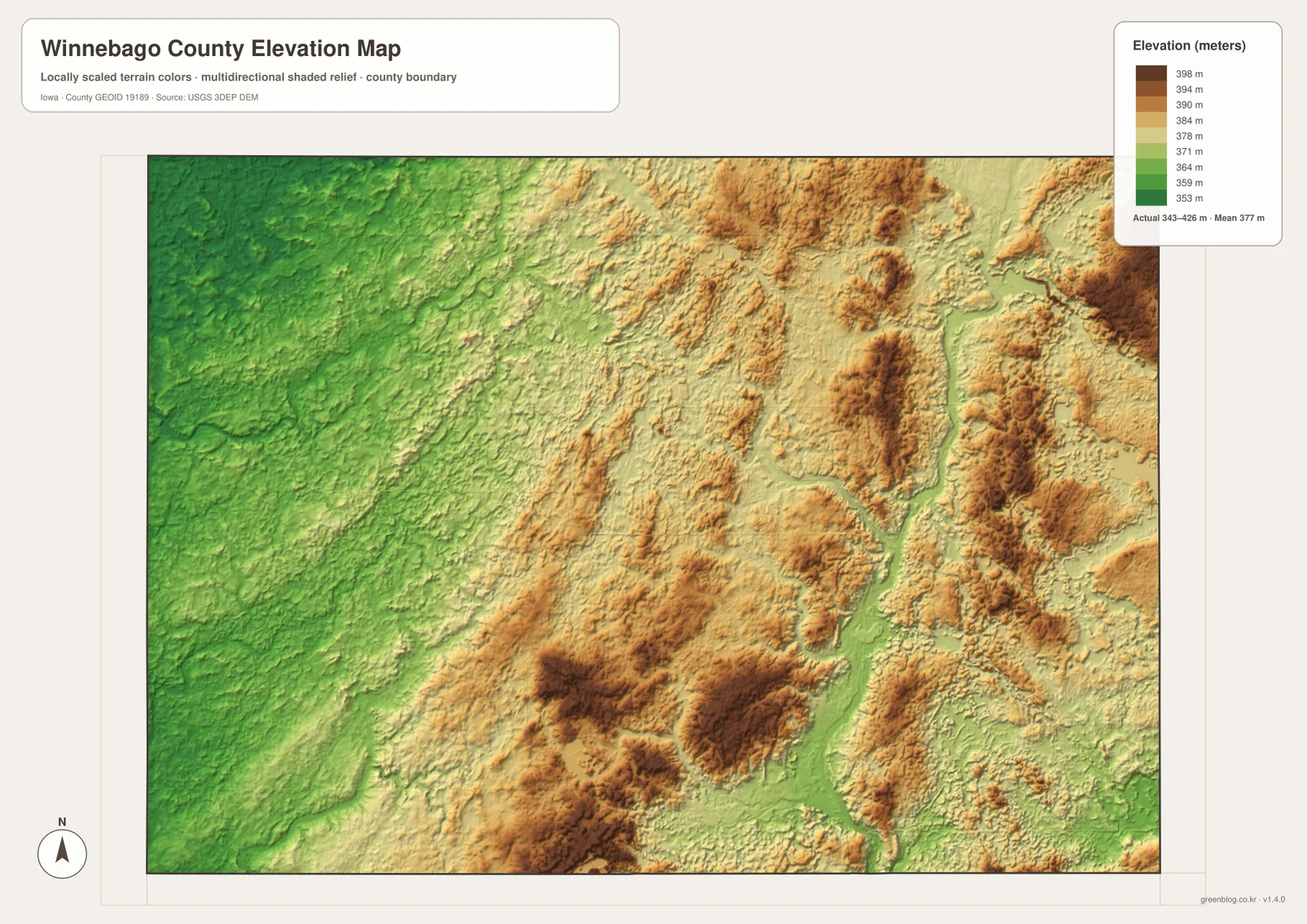 Winnebago County elevation map showing the 343 to 426 meter range, lower western ground, the Winnebago River valley, and higher central-eastern terrain