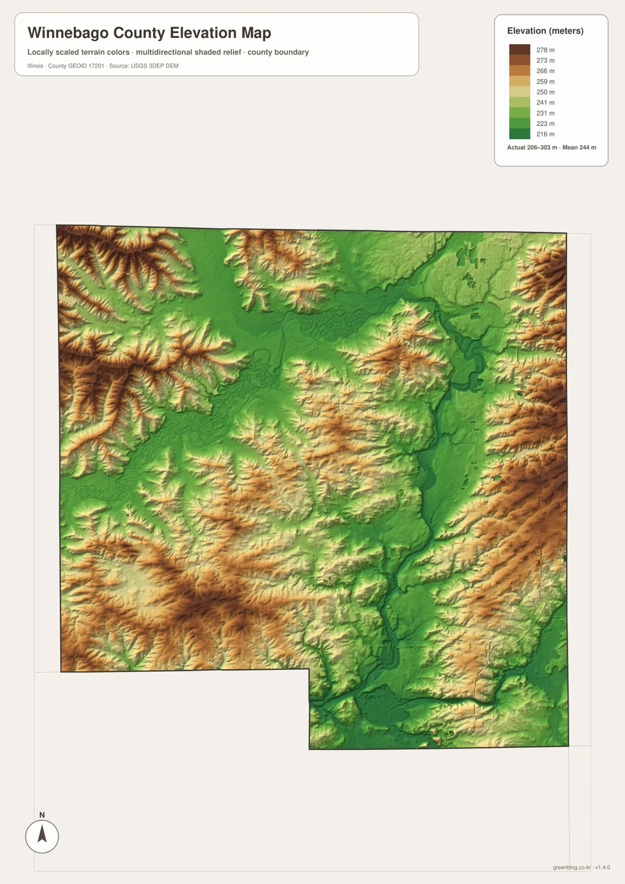 Winnebago County elevation map showing 206 to 303 meter terrain, Rock River lowlands, and western ridges