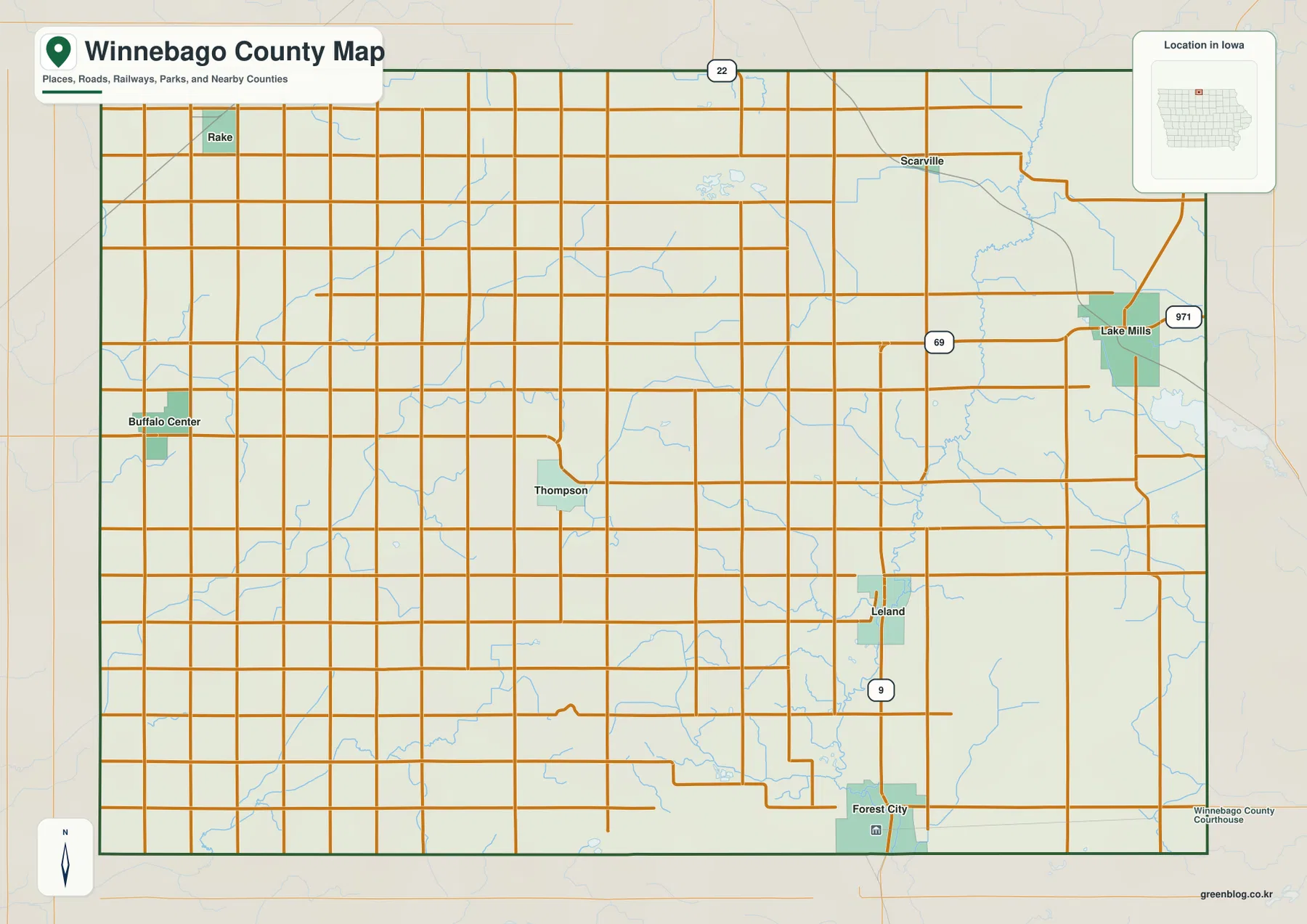 Winnebago County Iowa map showing Forest City, Lake Mills, Buffalo Center, Rake, Scarville, major roads, streams, and the county boundary