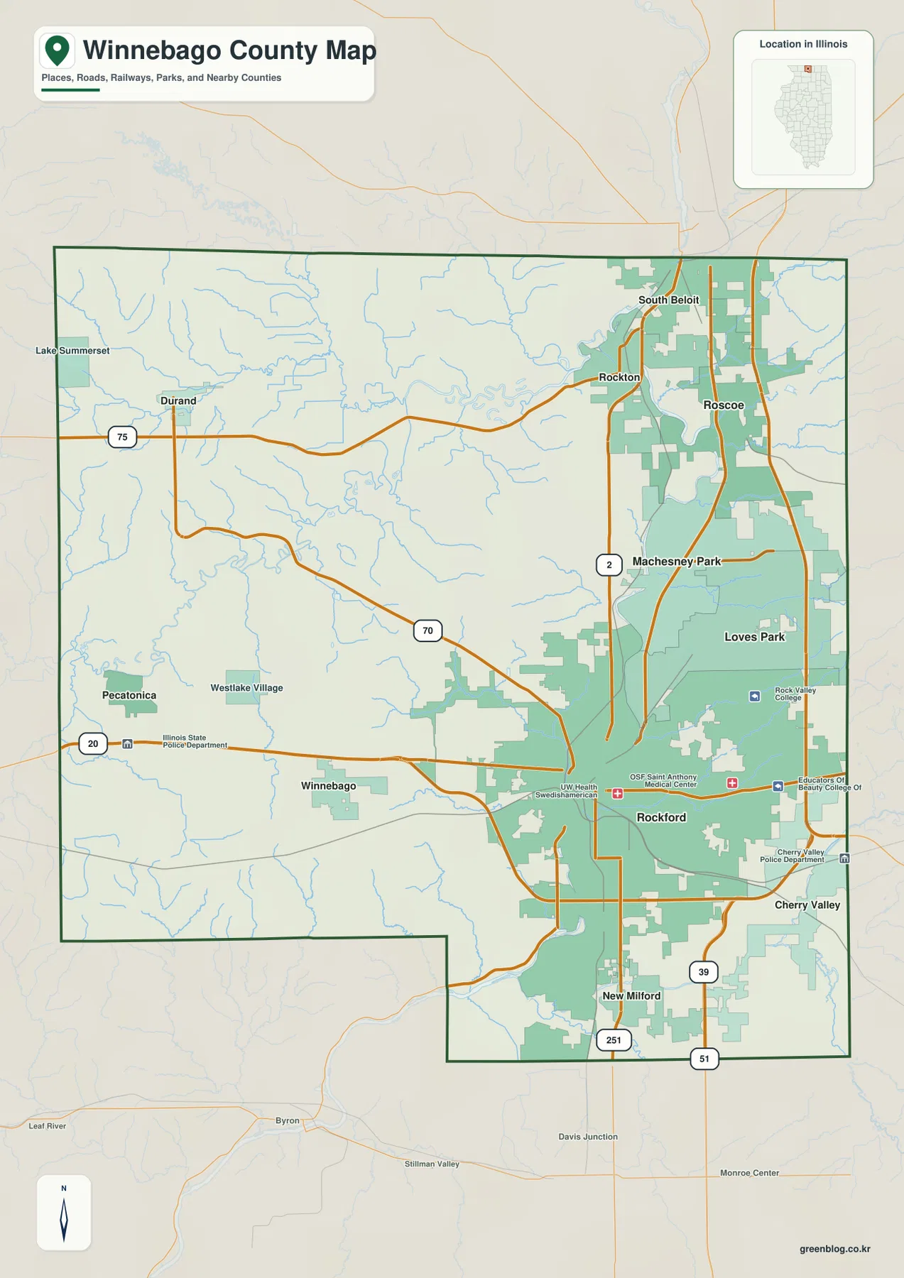 Winnebago County Illinois map showing Rockford, Loves Park, Machesney Park, Roscoe, Rockton, South Beloit, and major roads