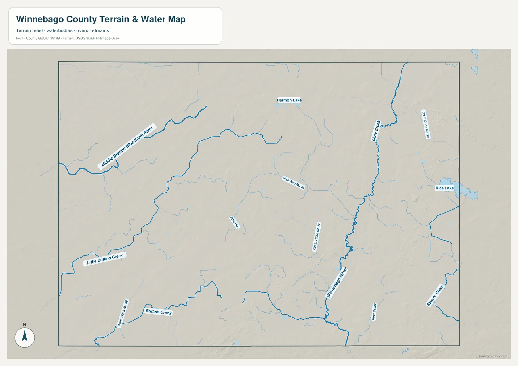 Winnebago County water map showing the Winnebago River, Lime Creek, Buffalo Creek, Middle Branch Blue Earth River, Rice Lake, and drainage ditches