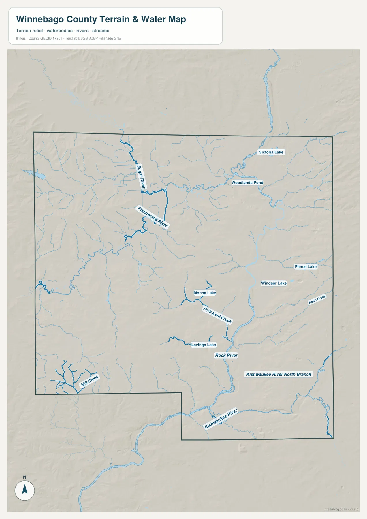 Winnebago County water and terrain map showing the Rock, Pecatonica, Sugar, and Kishwaukee rivers