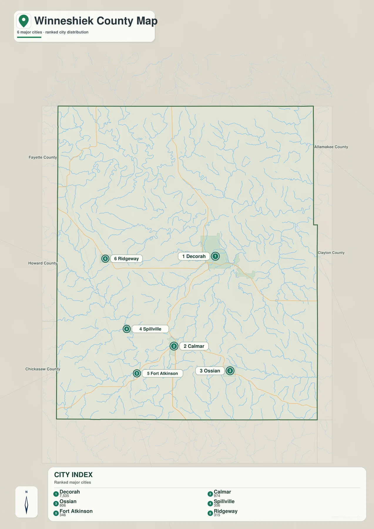 Winneshiek County city map showing Decorah, Calmar, Ossian, Spillville, Fort Atkinson, and Ridgeway