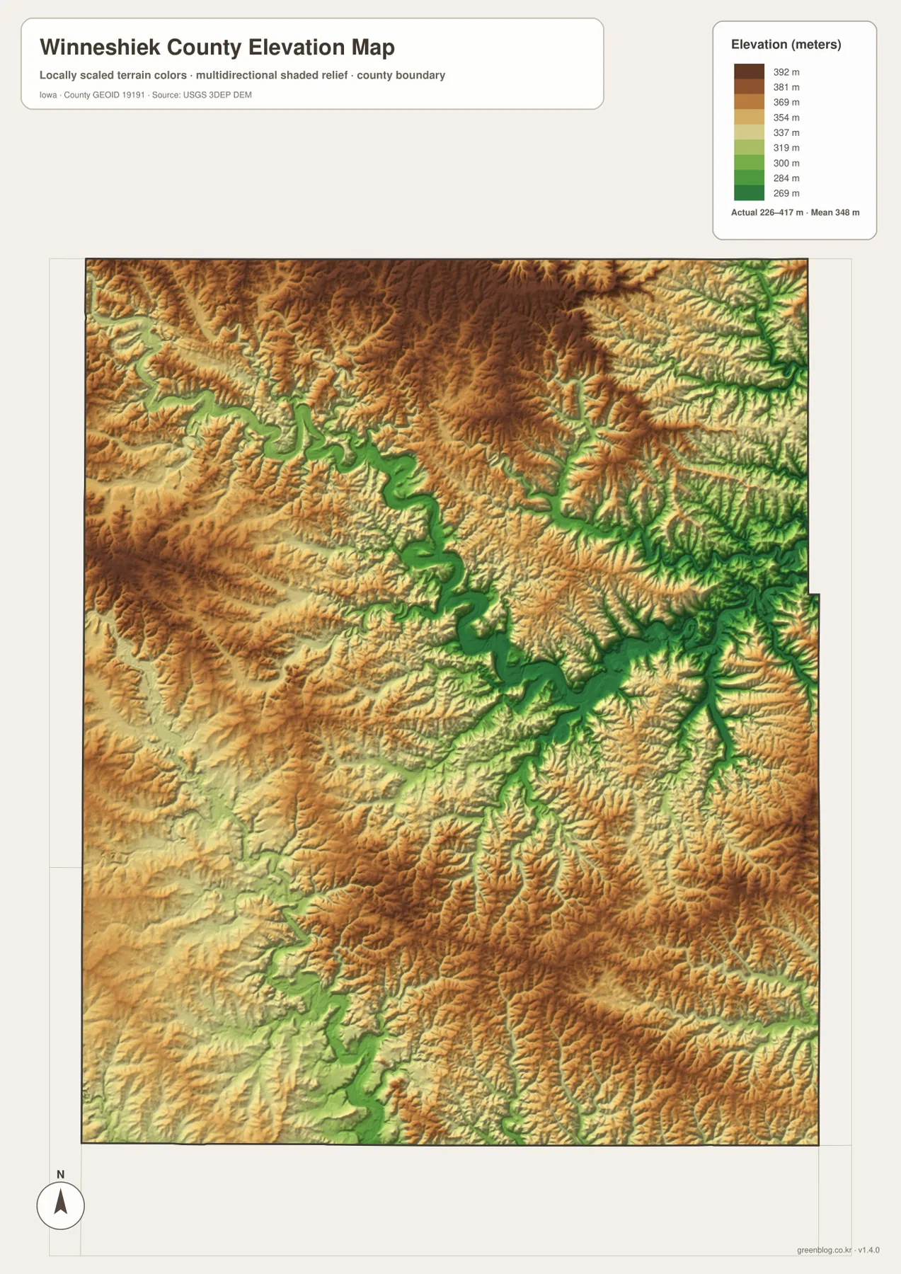 Winneshiek County elevation map showing the 226 to 417 meter range, the Upper Iowa River lowlands, and surrounding ridges