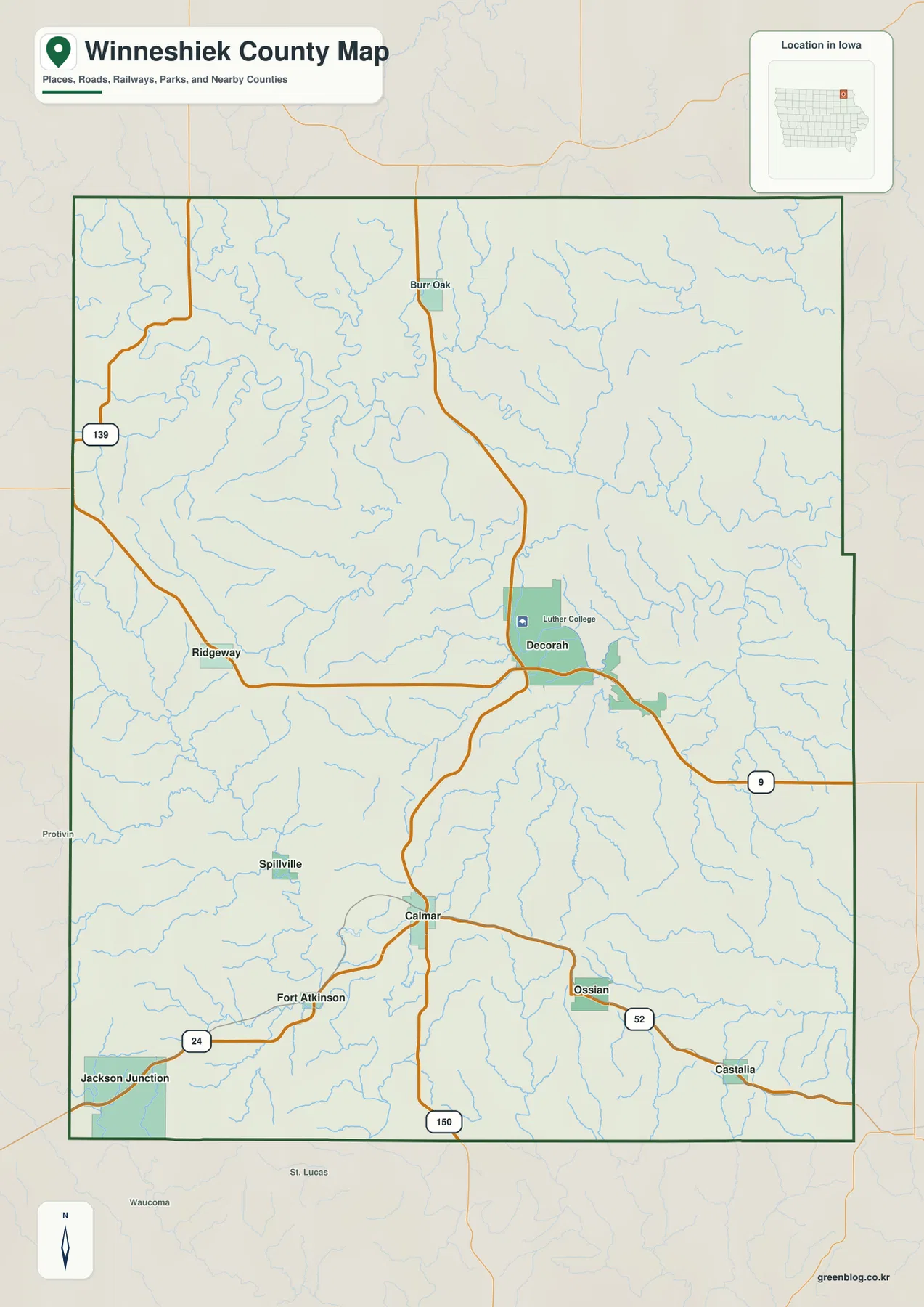 Winneshiek County Iowa map showing Decorah, Calmar, Ossian, Ridgeway, major roads, streams, and the county boundary